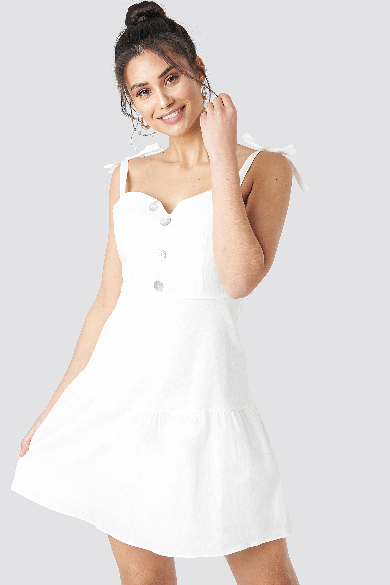 White Button Detailed Mini Dress