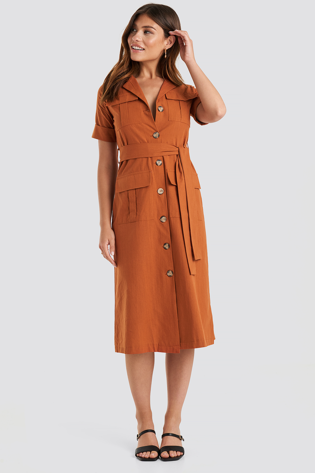 Buttoned Midi Dress Brick