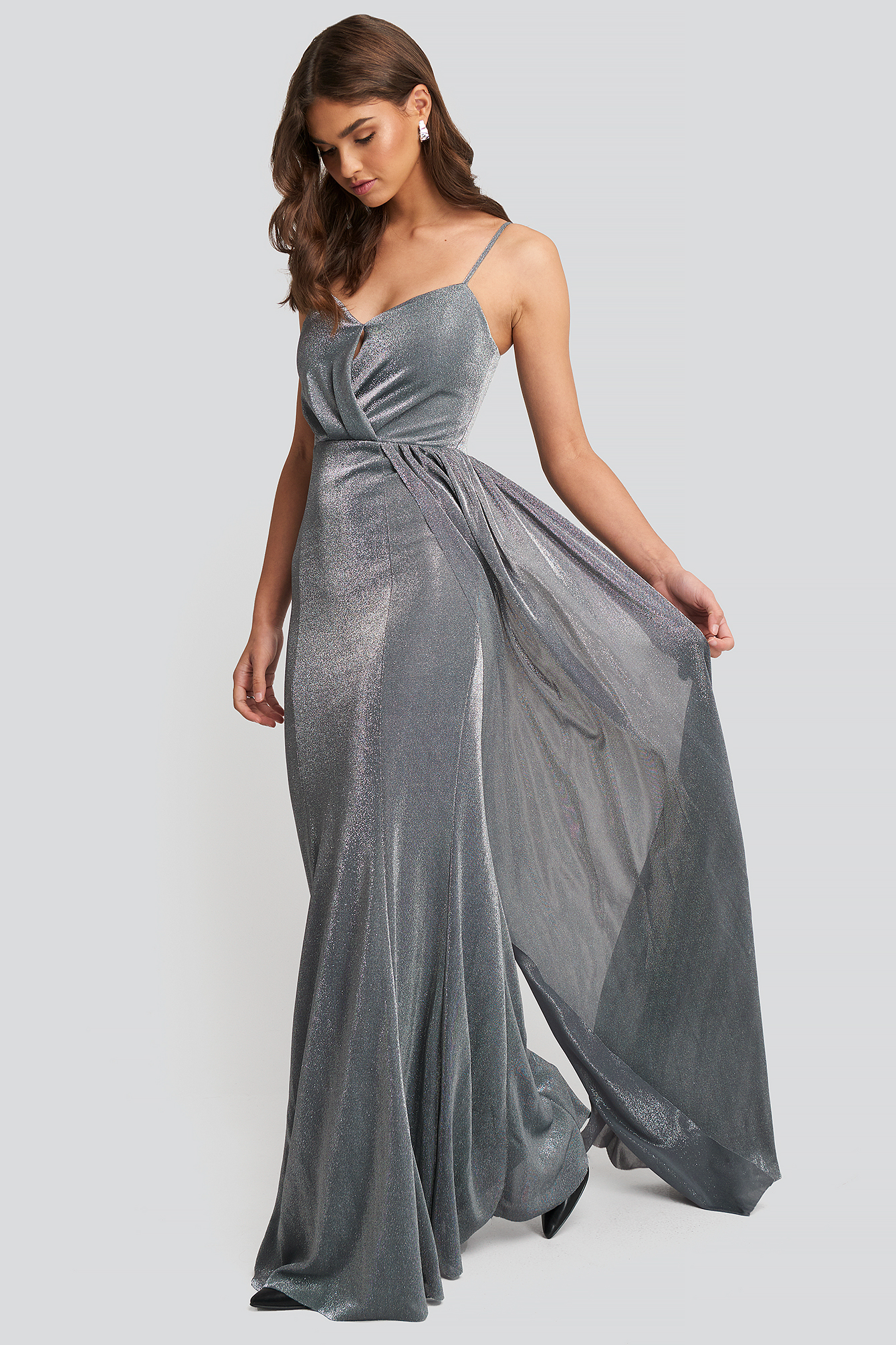 Silver Drape Detailed Evening Dress Silver
