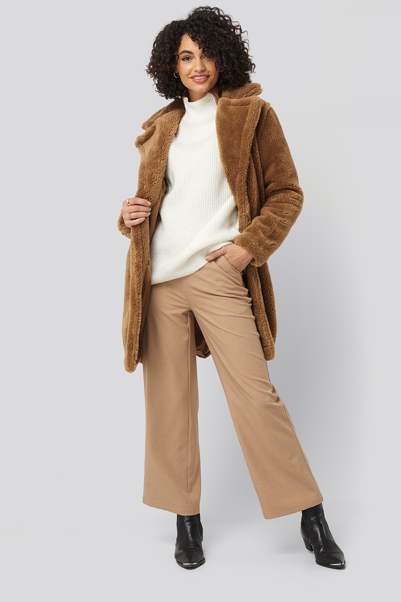 Faux Fur Long Coat Camel
