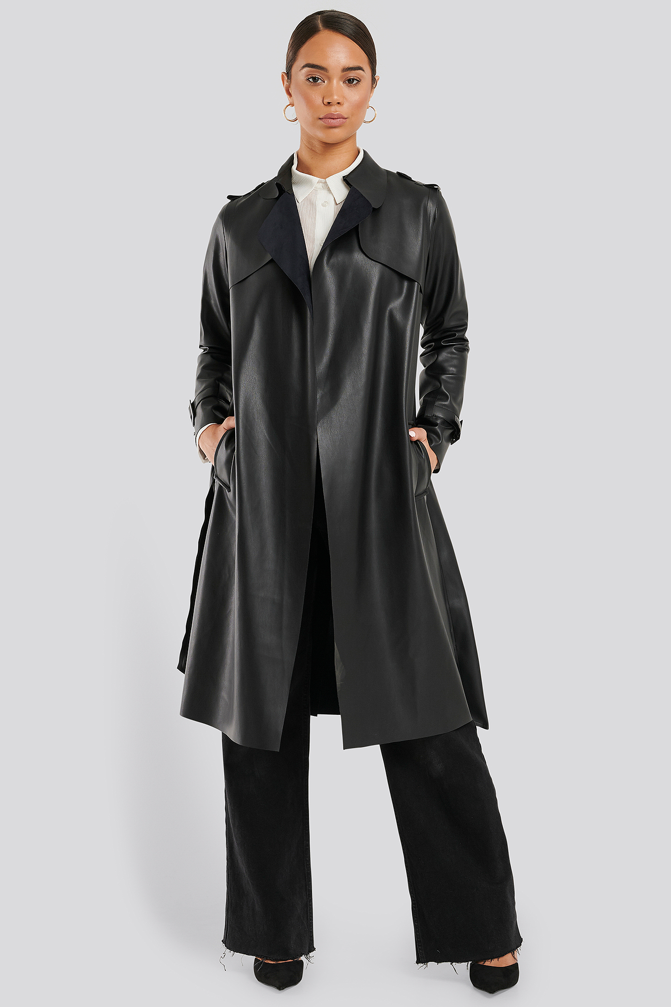 Faux Leather Trench Coat Black