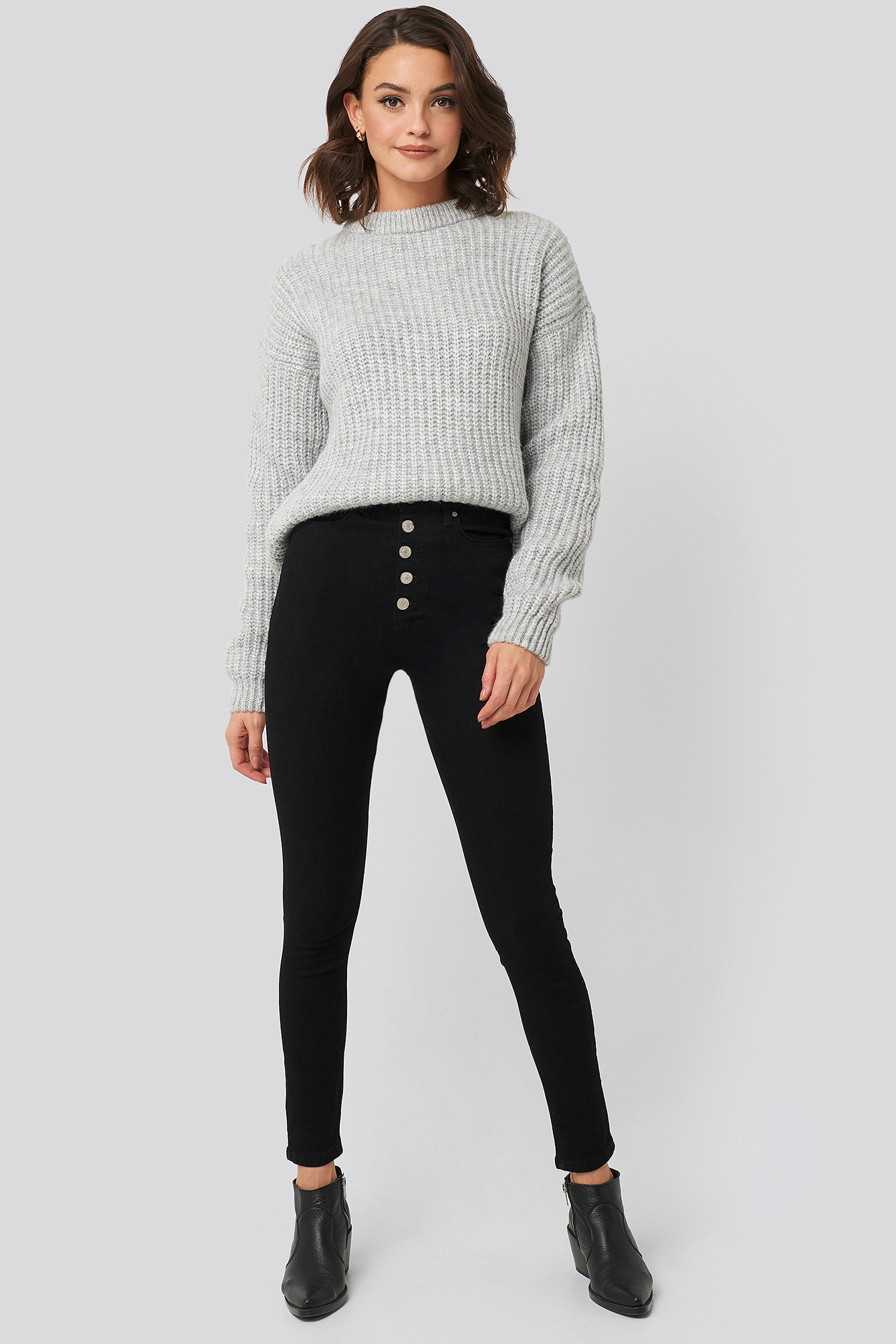 Front Button High Waist Skinny Jeans Black