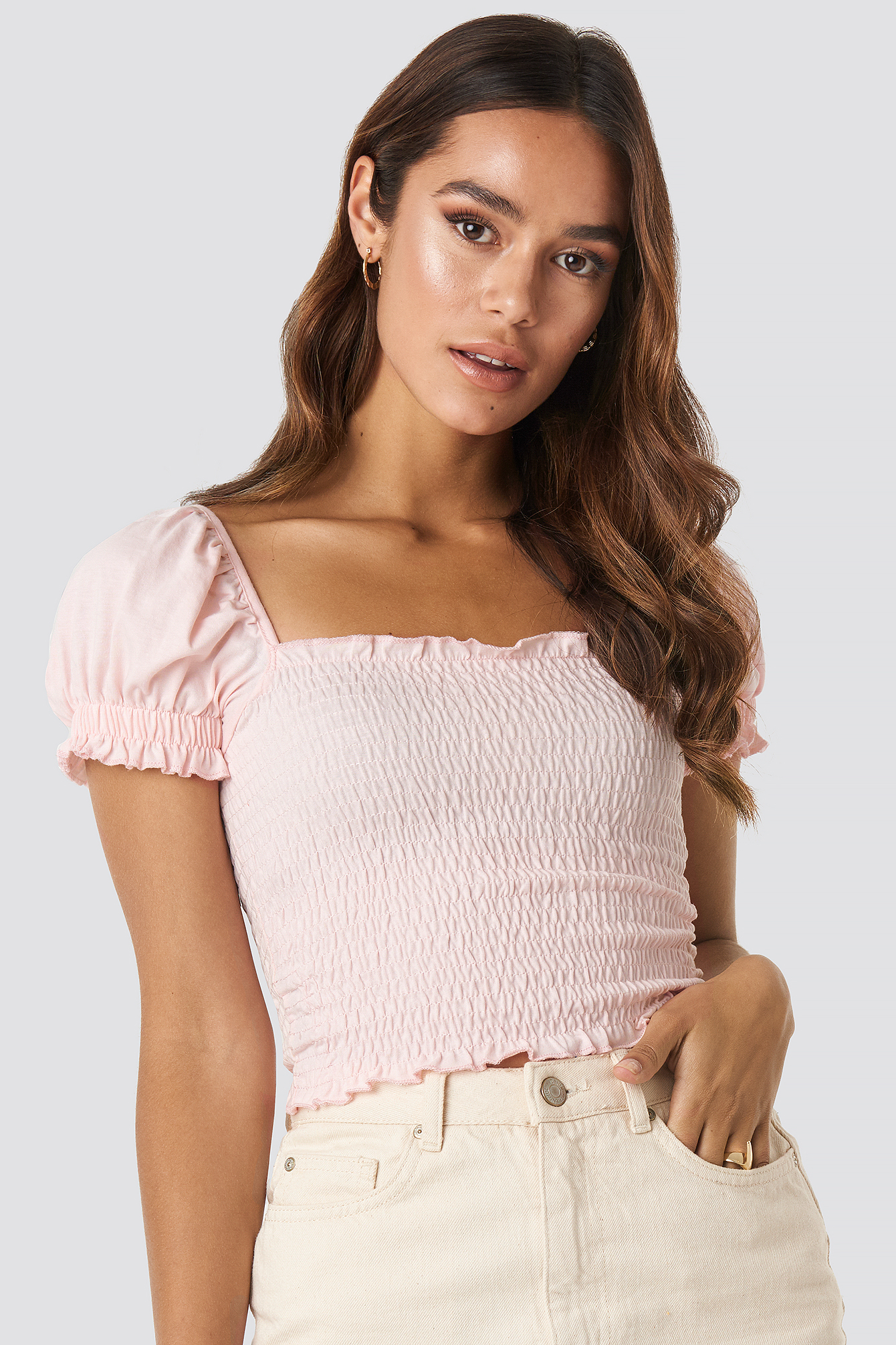 Guipure Shirred Crop Top Powder Pink