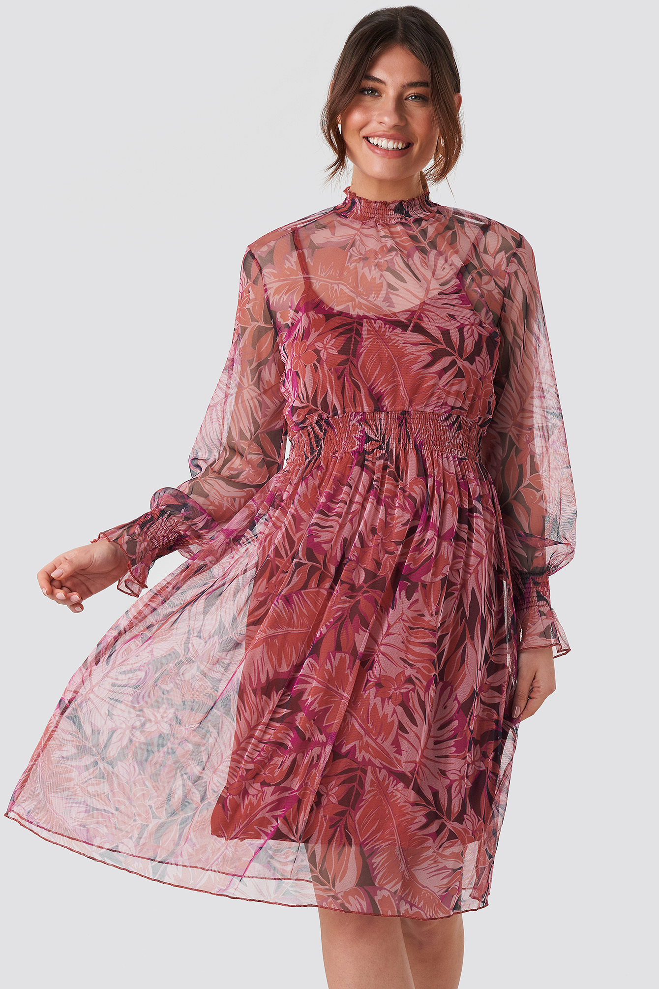 High Neck Printed Mesh Midi Dress Burgundy