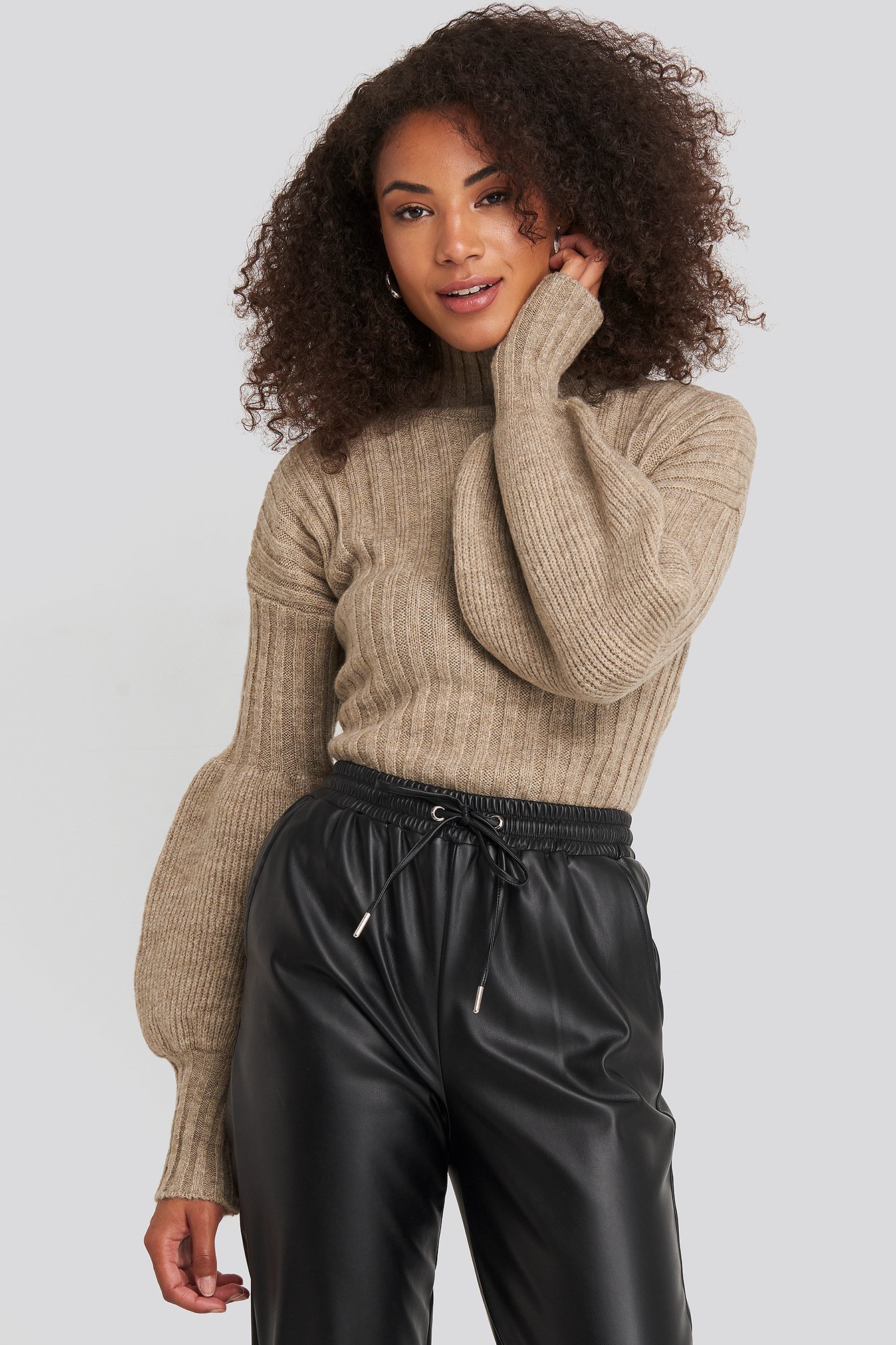 Stone High Neck Puff Sleeve Knitted Sweater