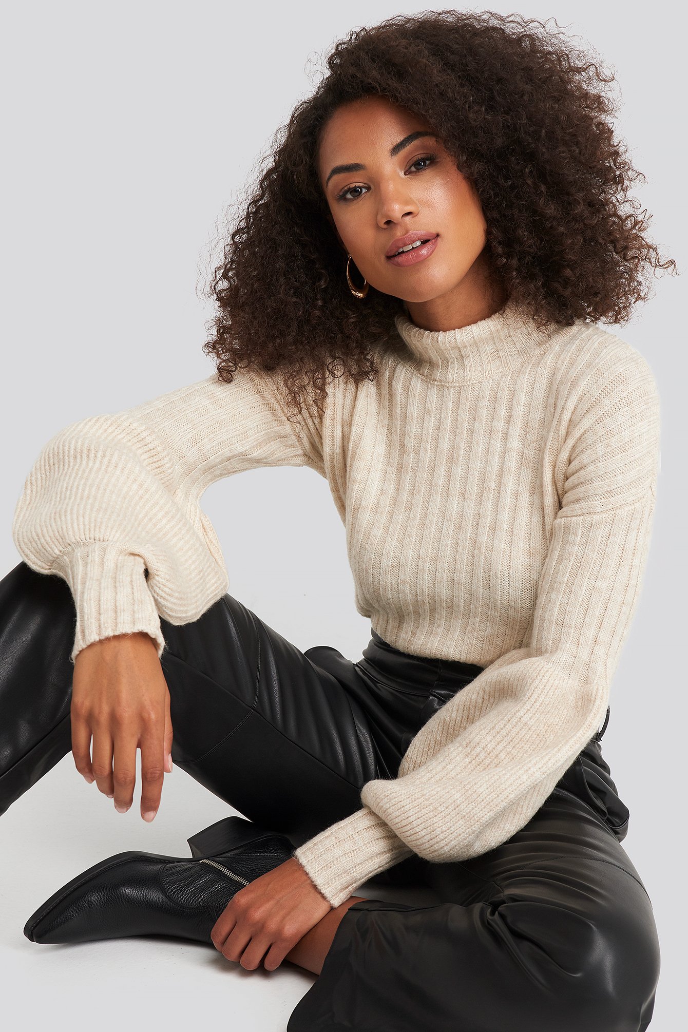 Beige High Neck Puff Sleeve Knitted Sweater