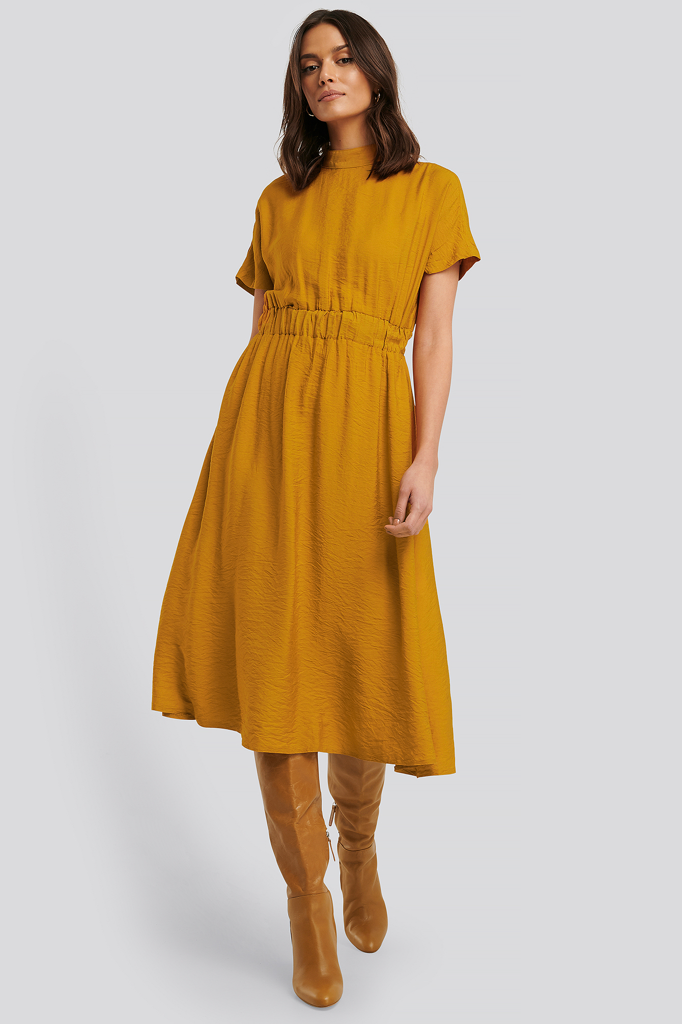 High Neck Short-Sleeve Midi Dress 