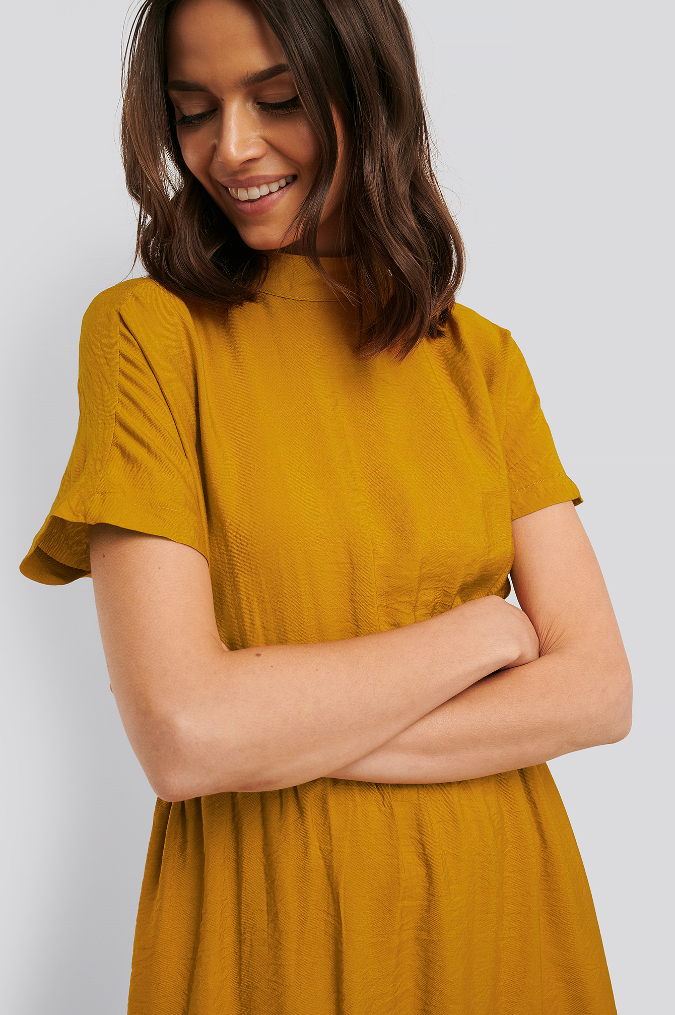 High Neck Short-Sleeve Midi Dress 