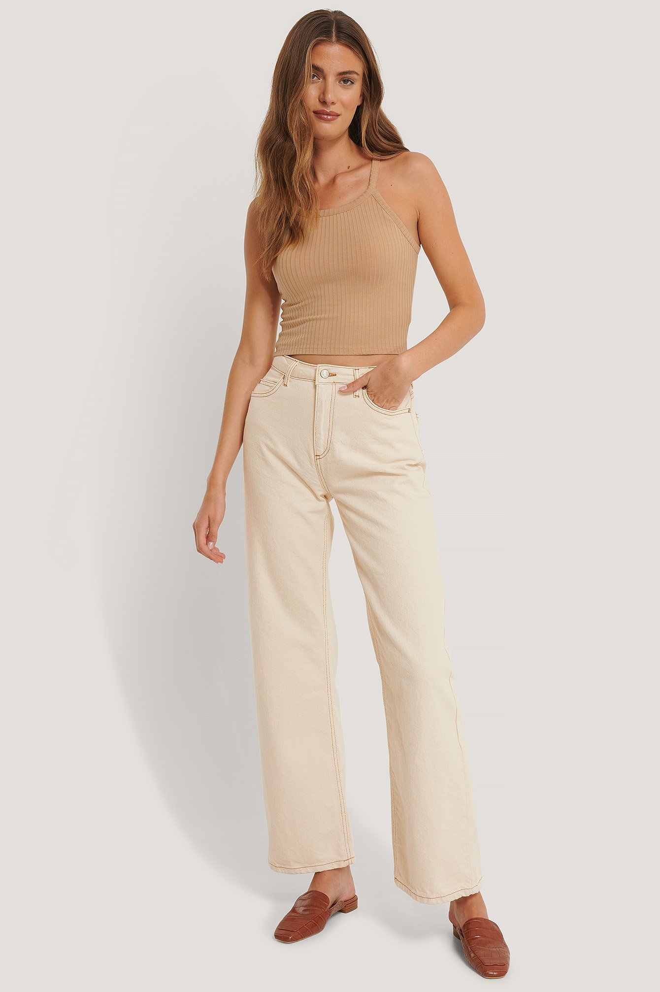 beige wide leg jeans