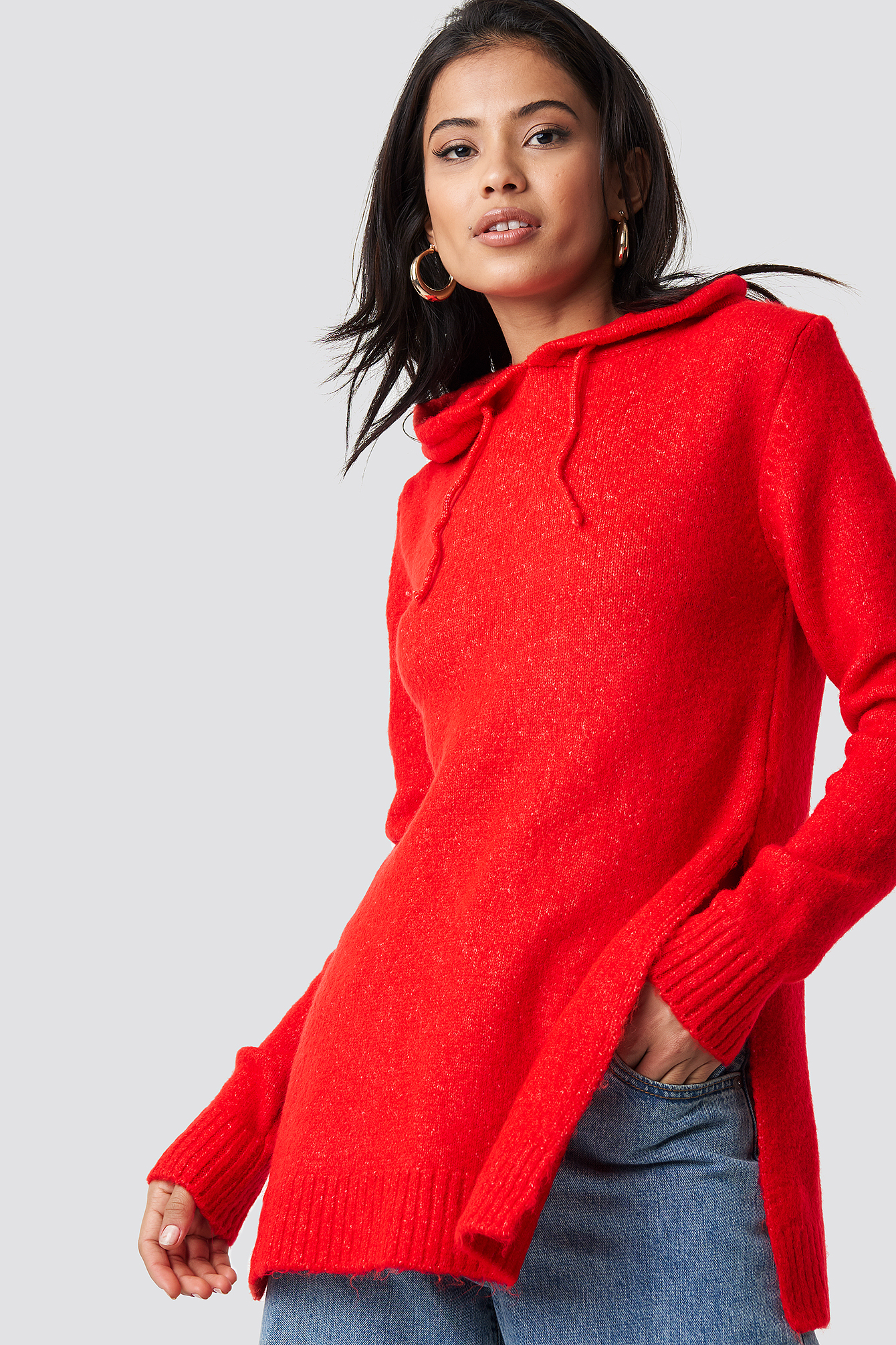 Vermilion Hooded Slit Knitted Sweater