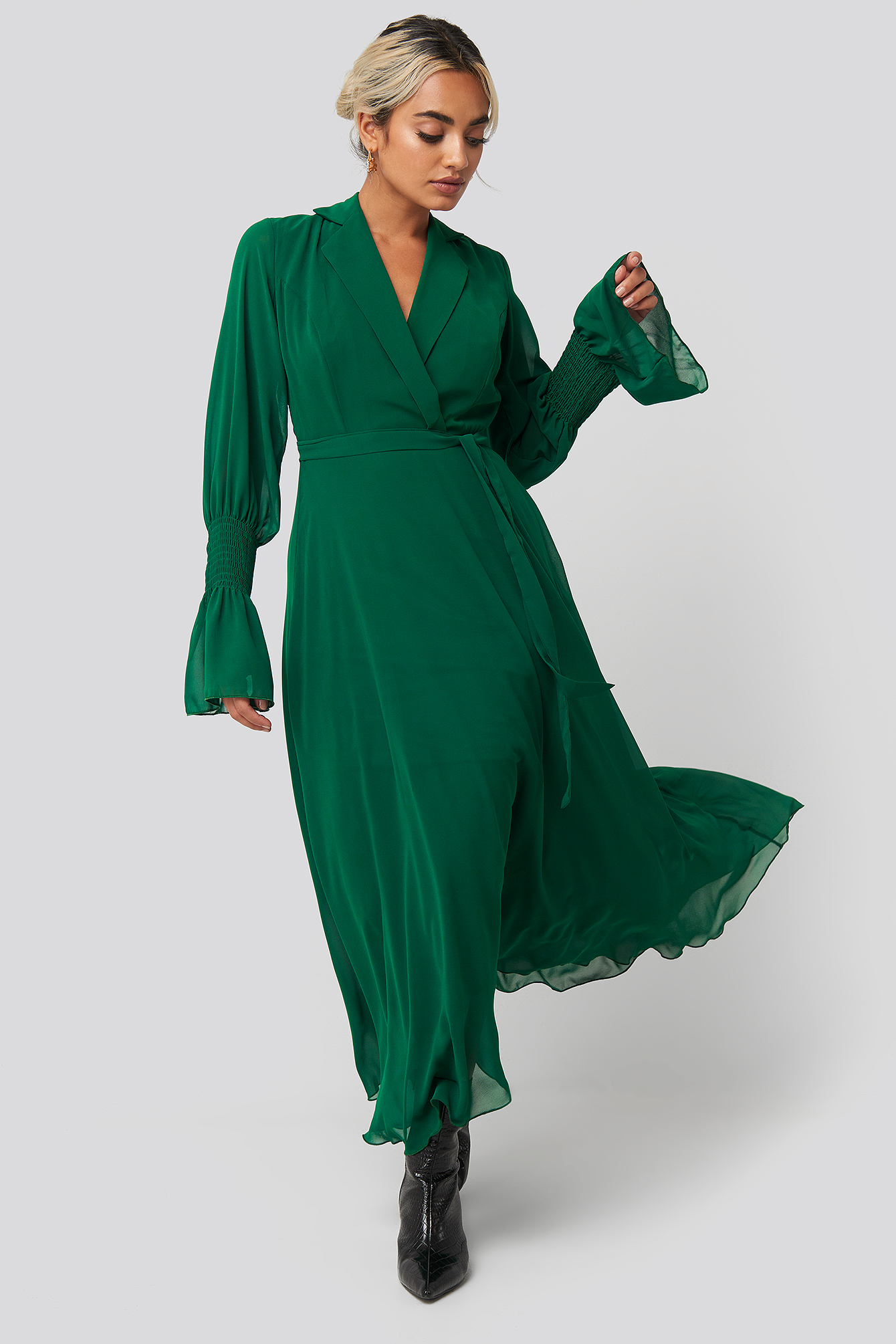 Lapel Detailed Long Dress Emerald Green