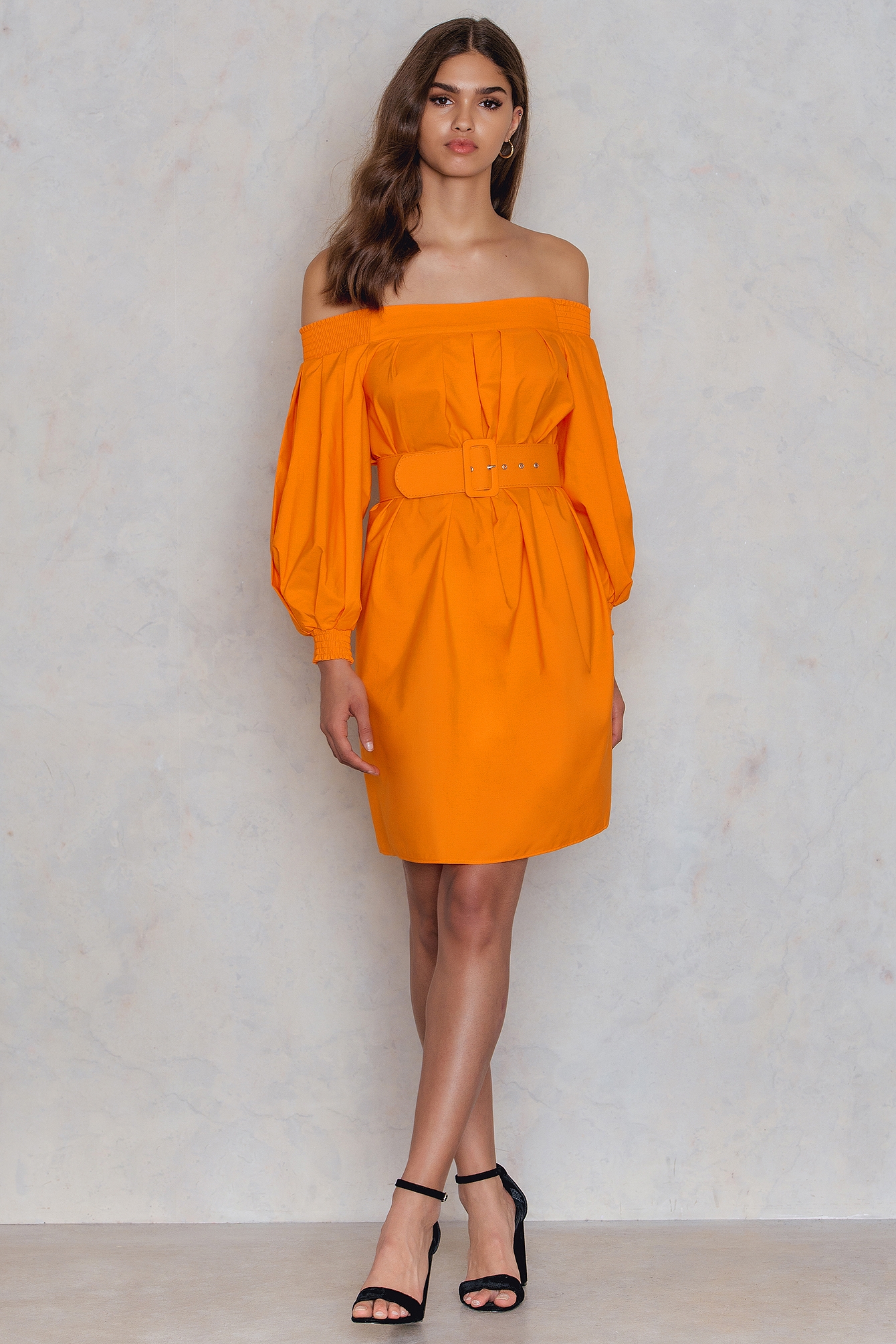 Off Shoulder Belt Dress Orange