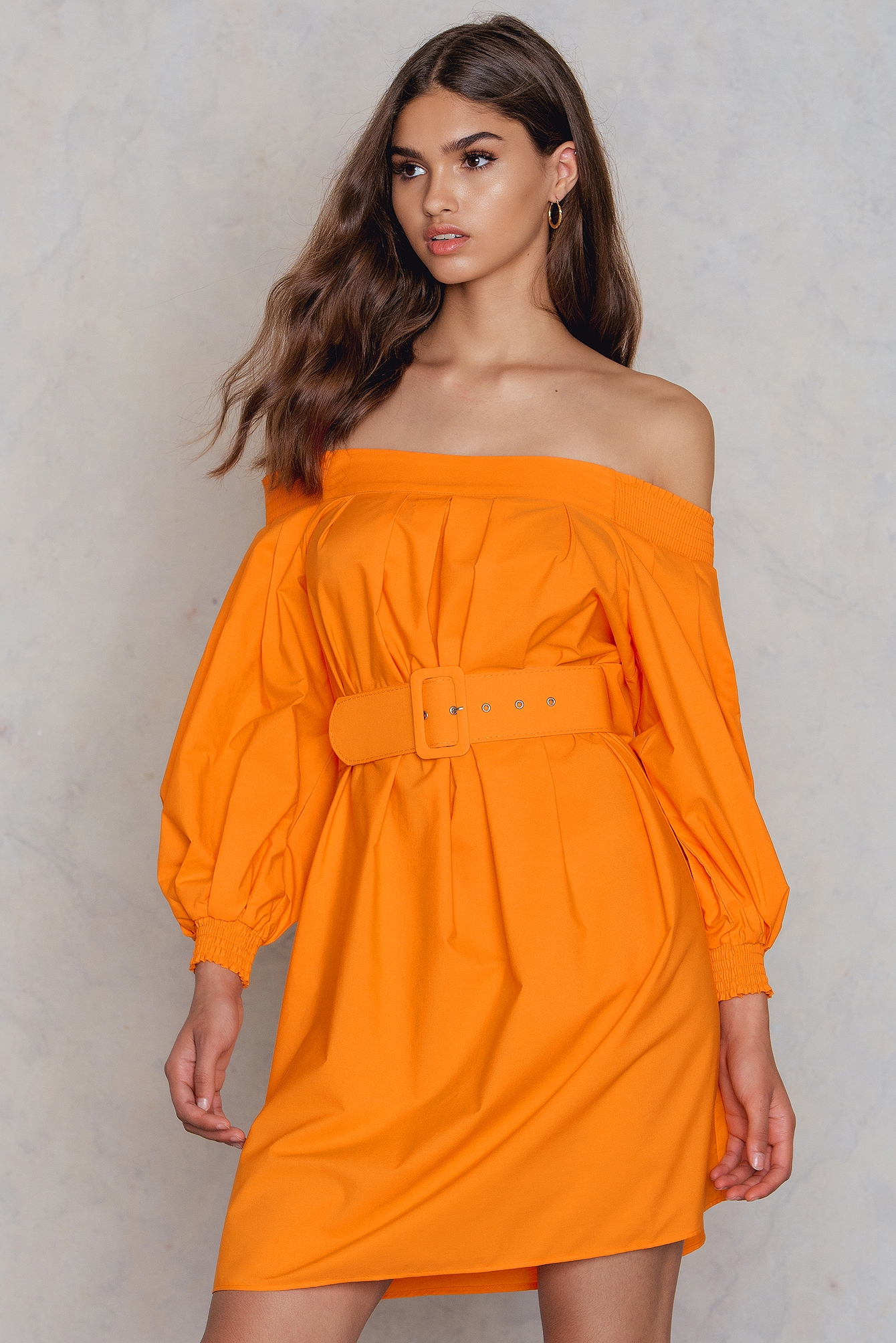 Off Shoulder Belt Dress Orange