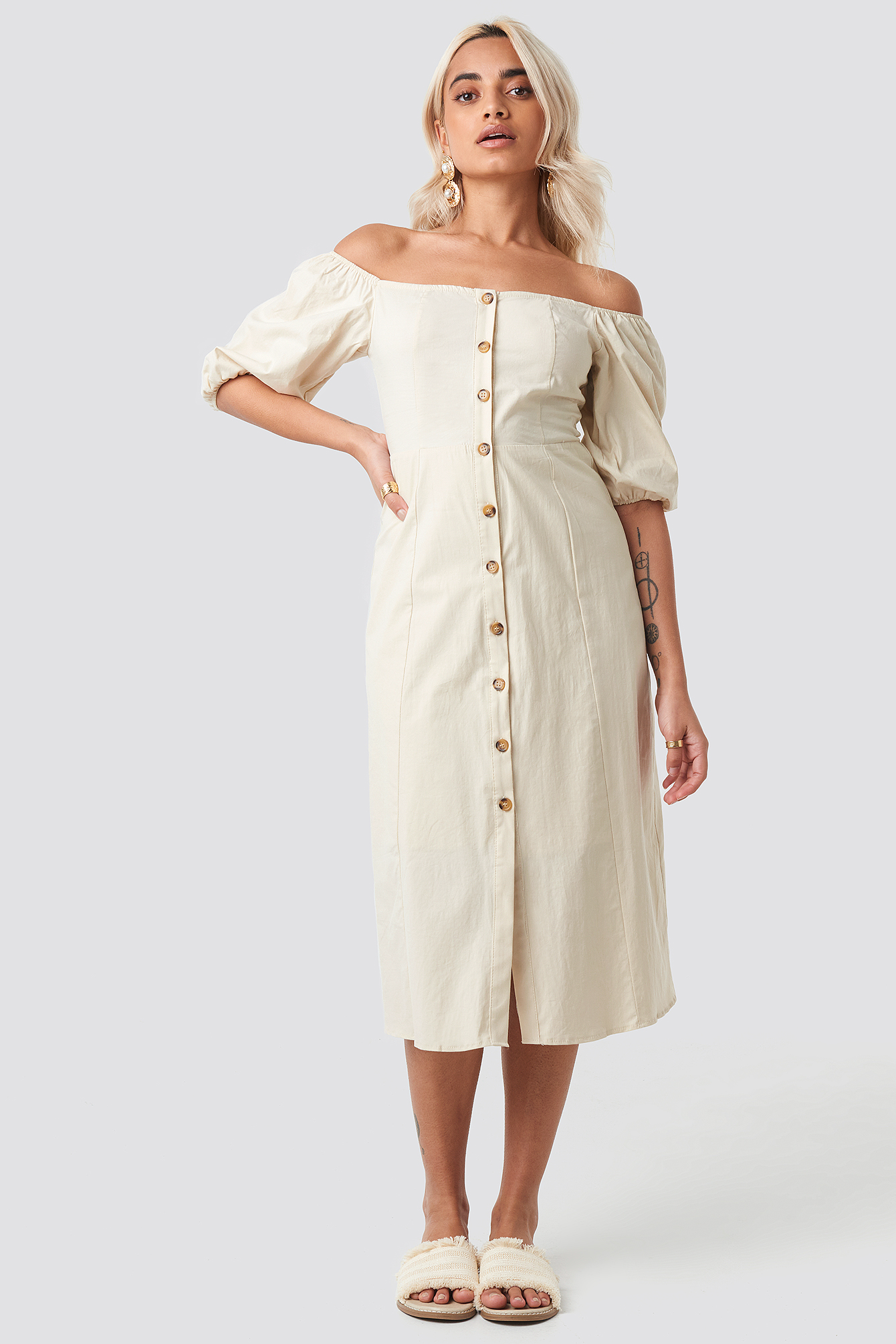 Off Shoulder Button Detail Midi Dress Beige