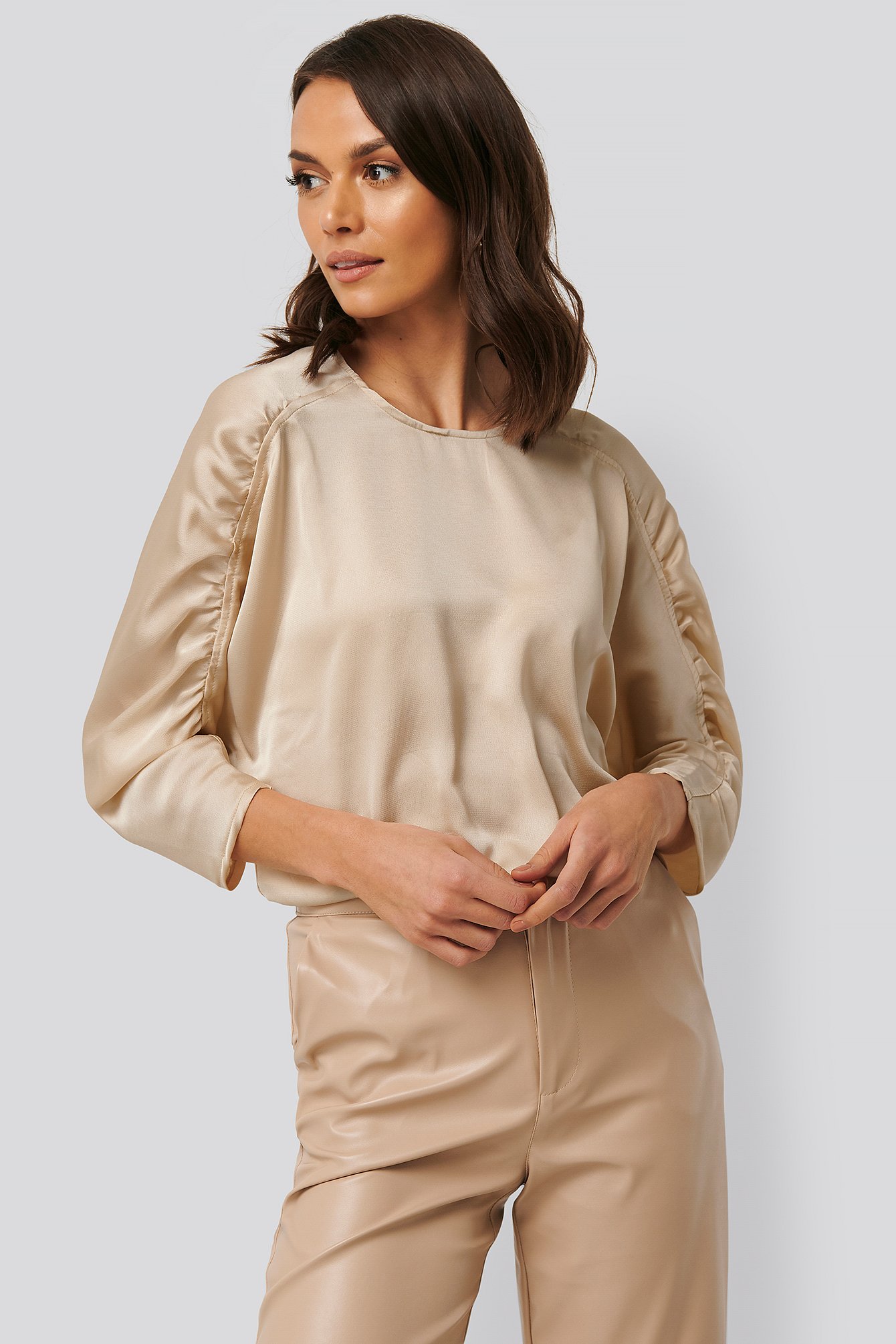 Pleated Sleeve Blouse Beige