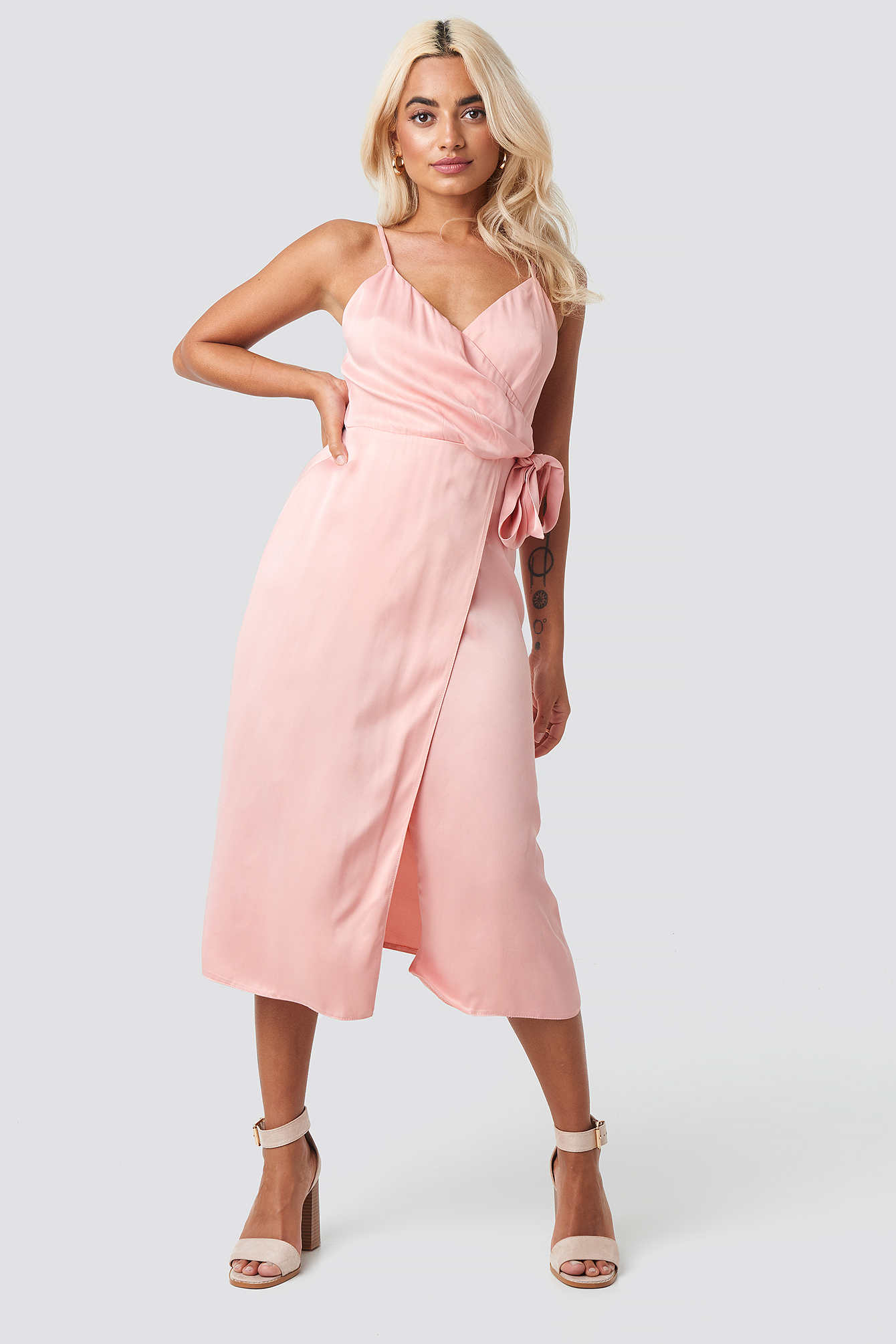 Powder Belted Wrap Midi Dress Powder Pink