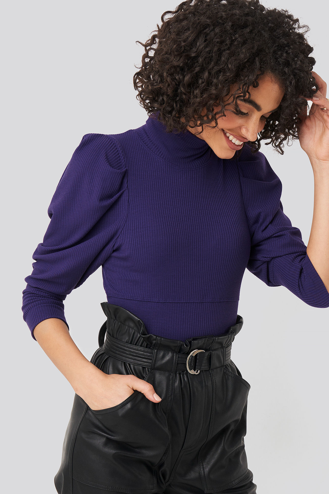 Purple Puff Sleeve Corded Knit Top