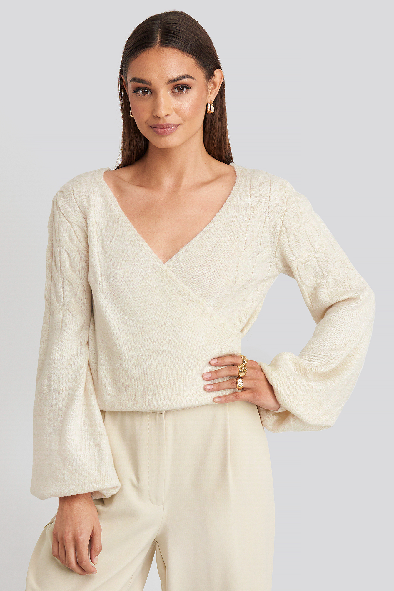 Puff Sleeve Wrap Knitted Sweater White
