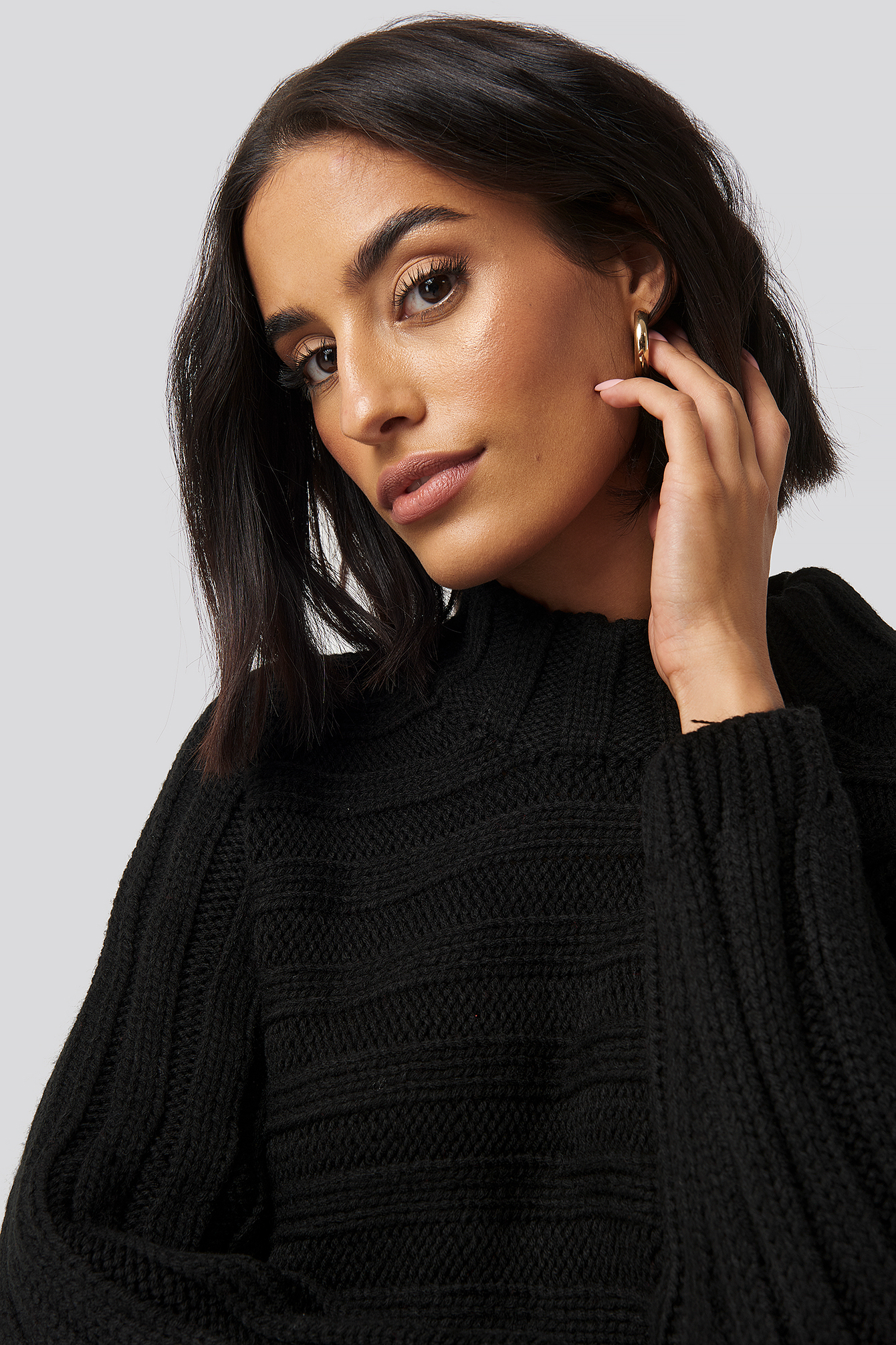 Ribbed Bat Sleeve Knitted Sweater Black