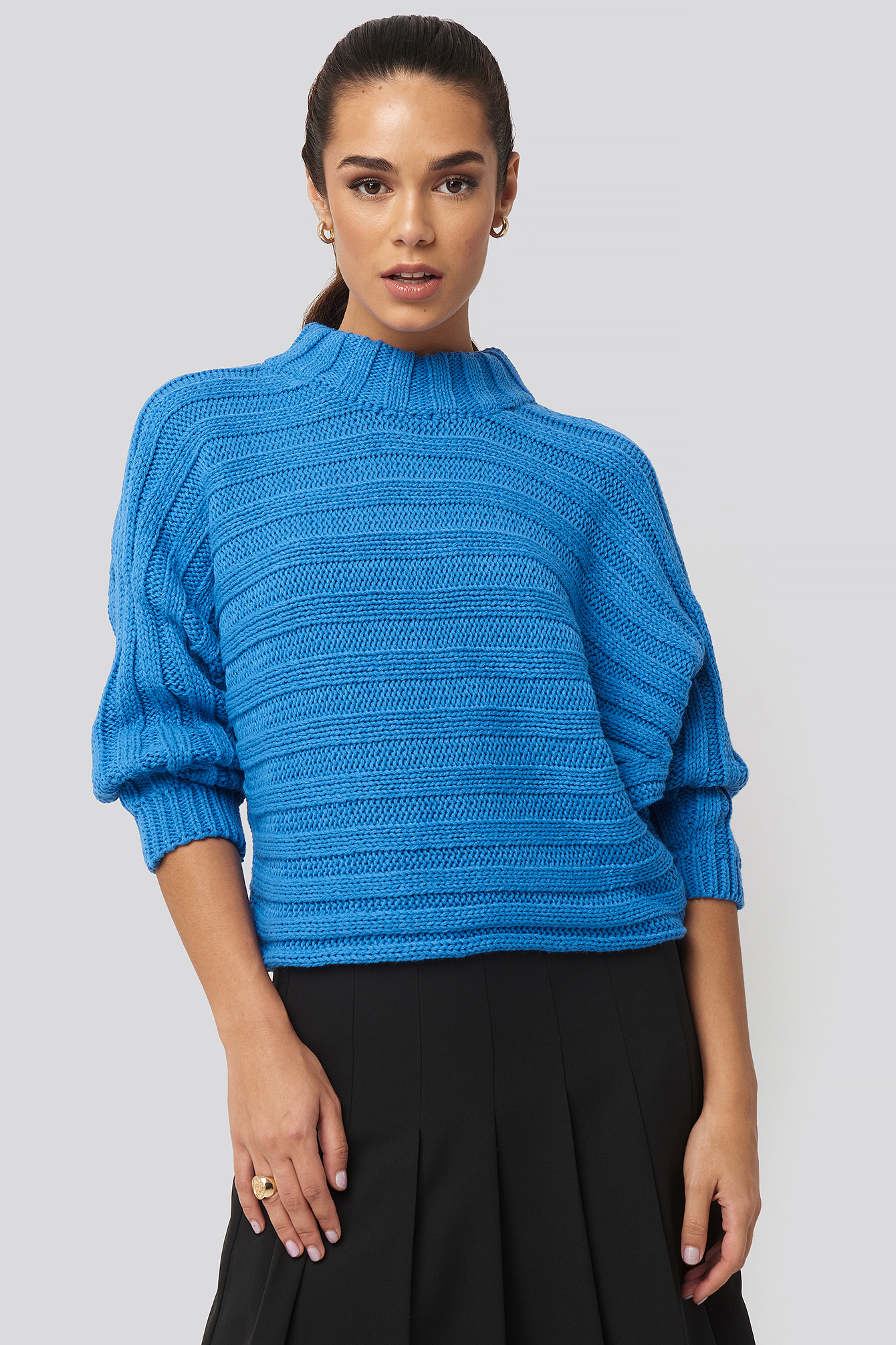 Ribbed Bat Sleeve Knitted Sweater Blue