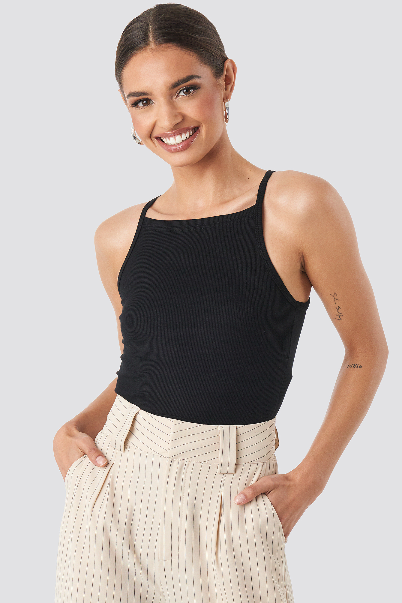 Trendyol Ribbed Strap Tank Top Black ModeSens