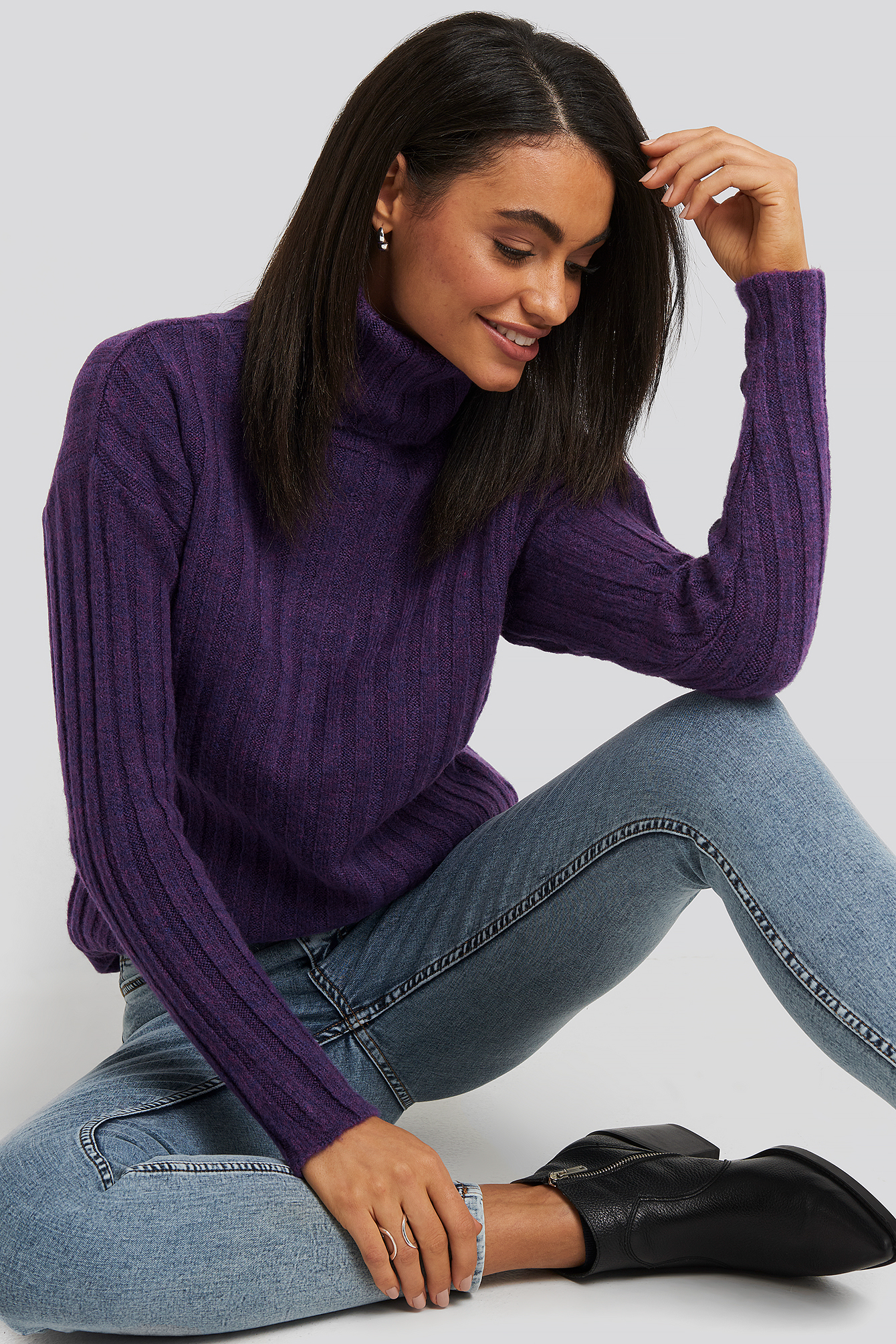 Ribbed Turtleneck Knitted Sweater Purple