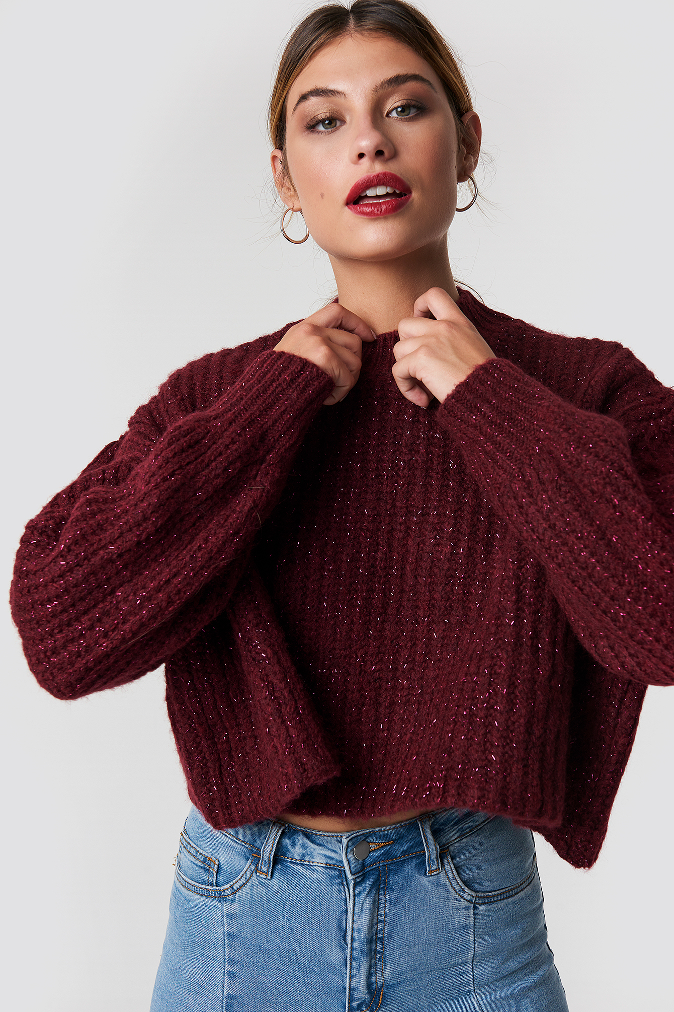 Round Glittery Neck Short Knitted Jumper Red | na-kd.com
