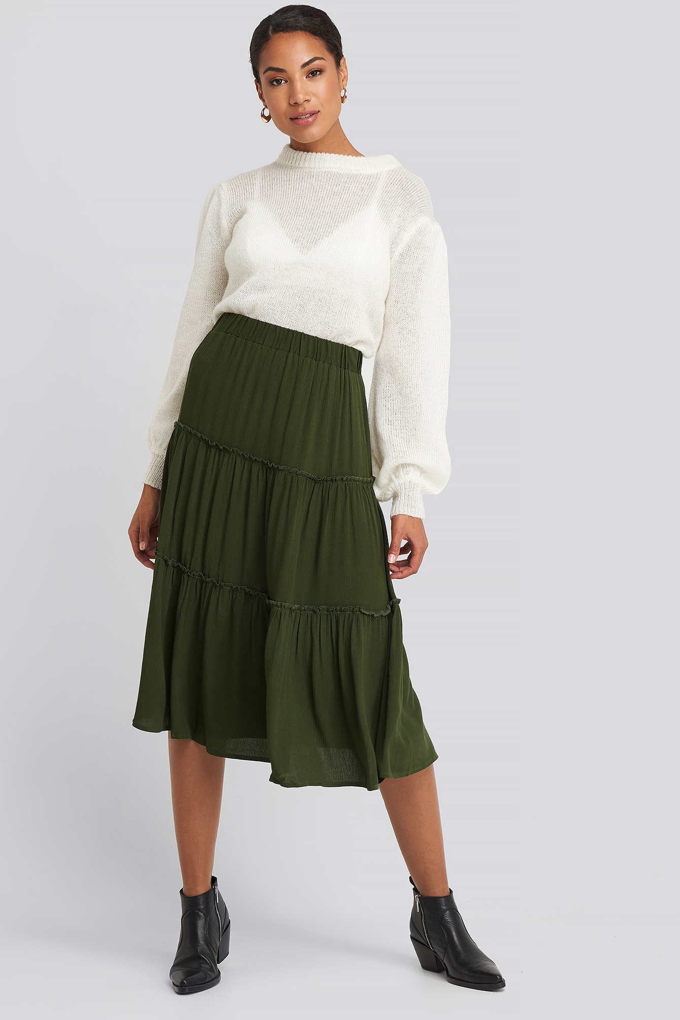 Ruffle Detailed Midi Skirt Khaki
