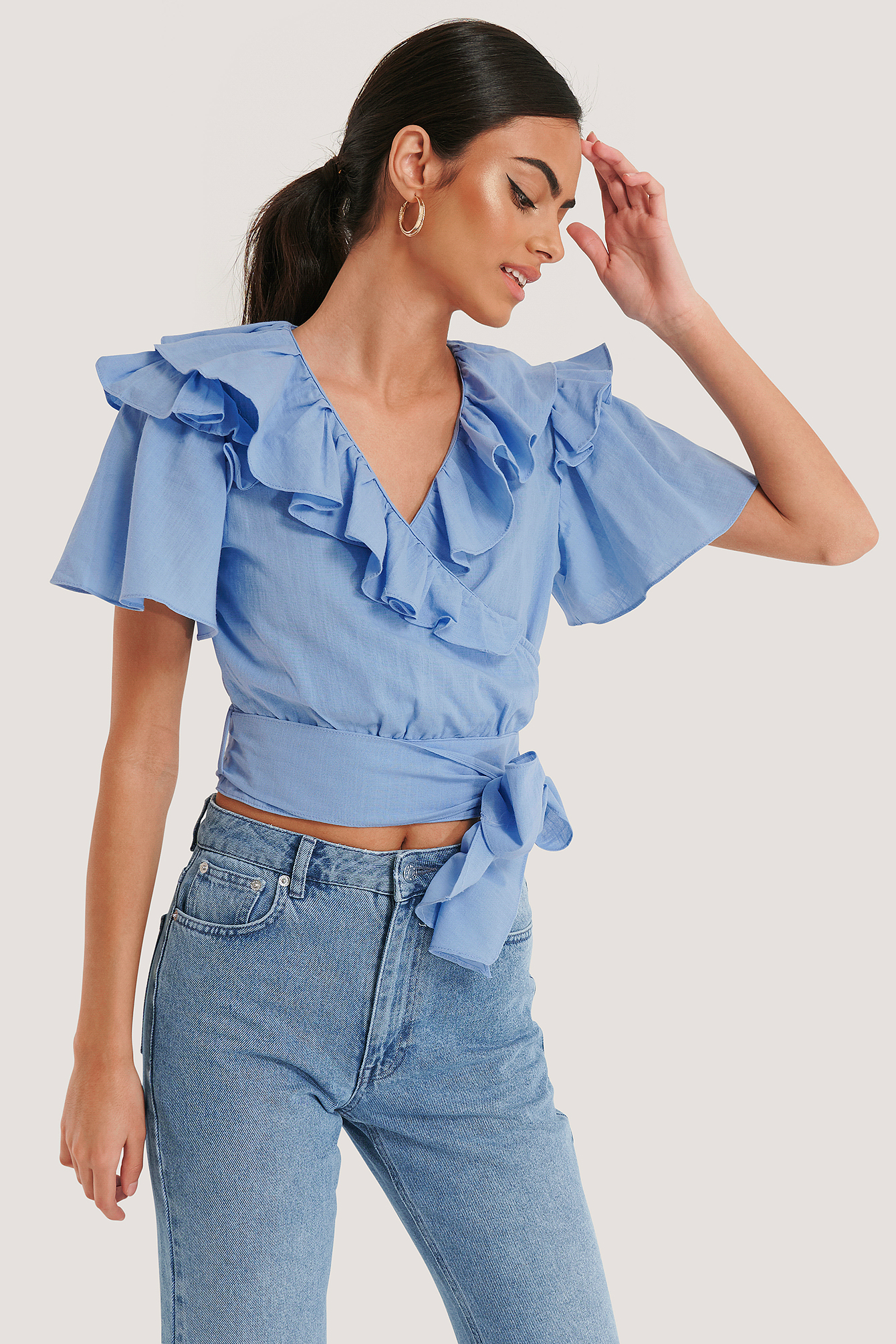 Ruffle Tie Detail Blouse Blue | na-kd.com