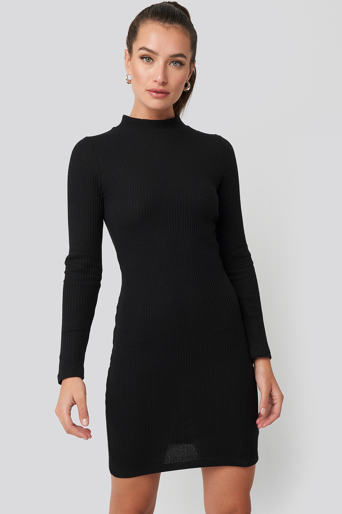 Sheer Neck Knitted Mini Dress Black