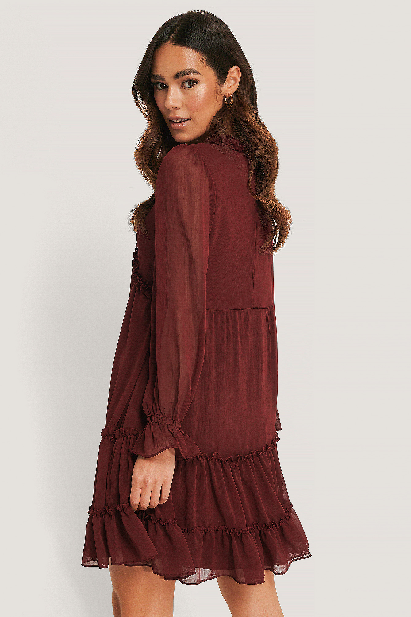 Sheer Ruffle Mini Dress Burgundy | na 
