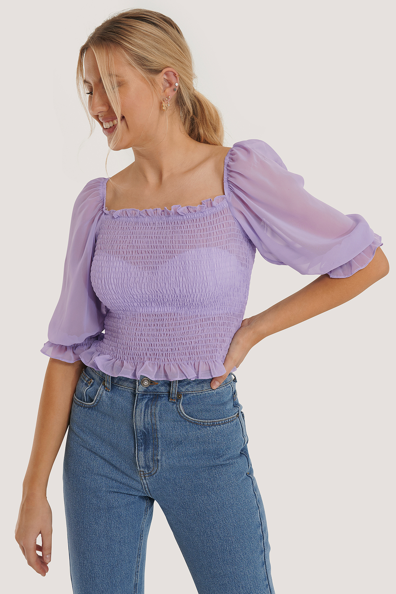 Organza Puffärmel Crop Top Lila