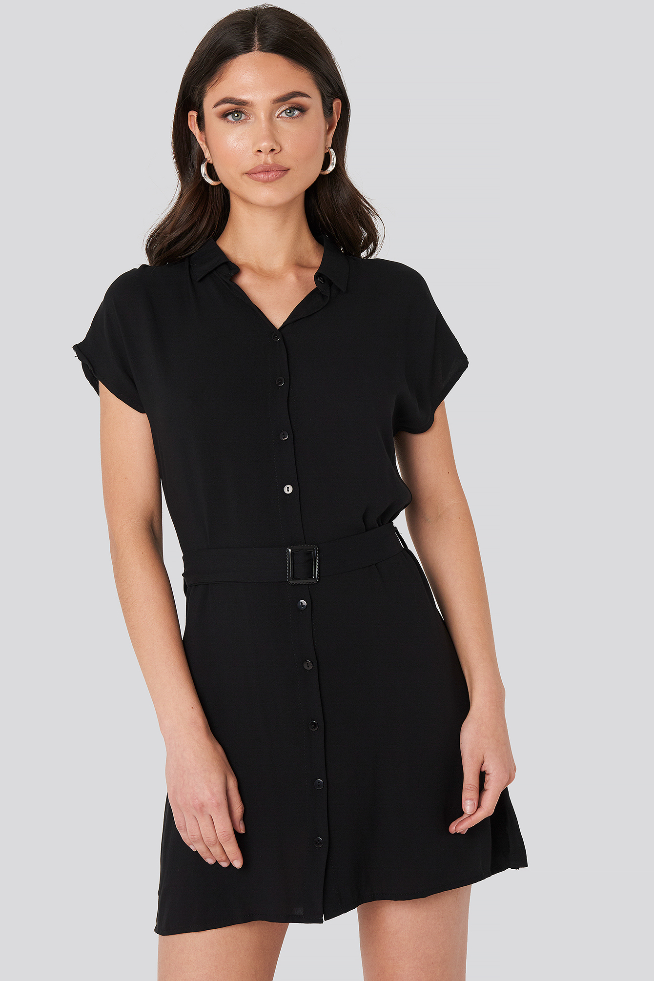 Belted Shirt Mini Dress Black
