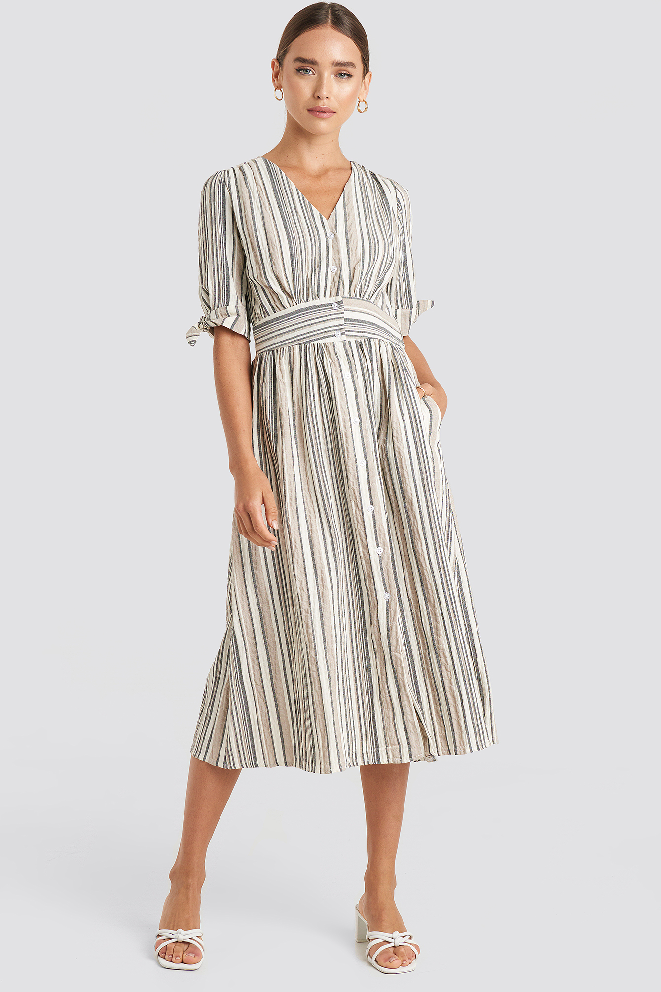 Ecru Short Sleeve Striped Midi Dress