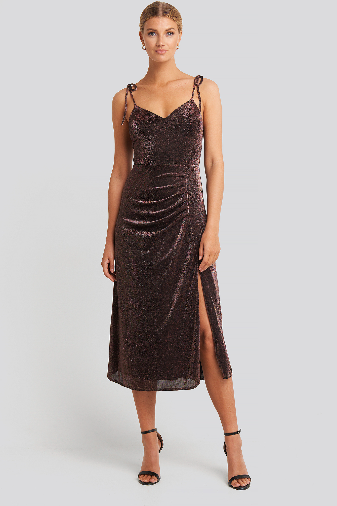 Side Slit Luminous Midi Dress Bronze