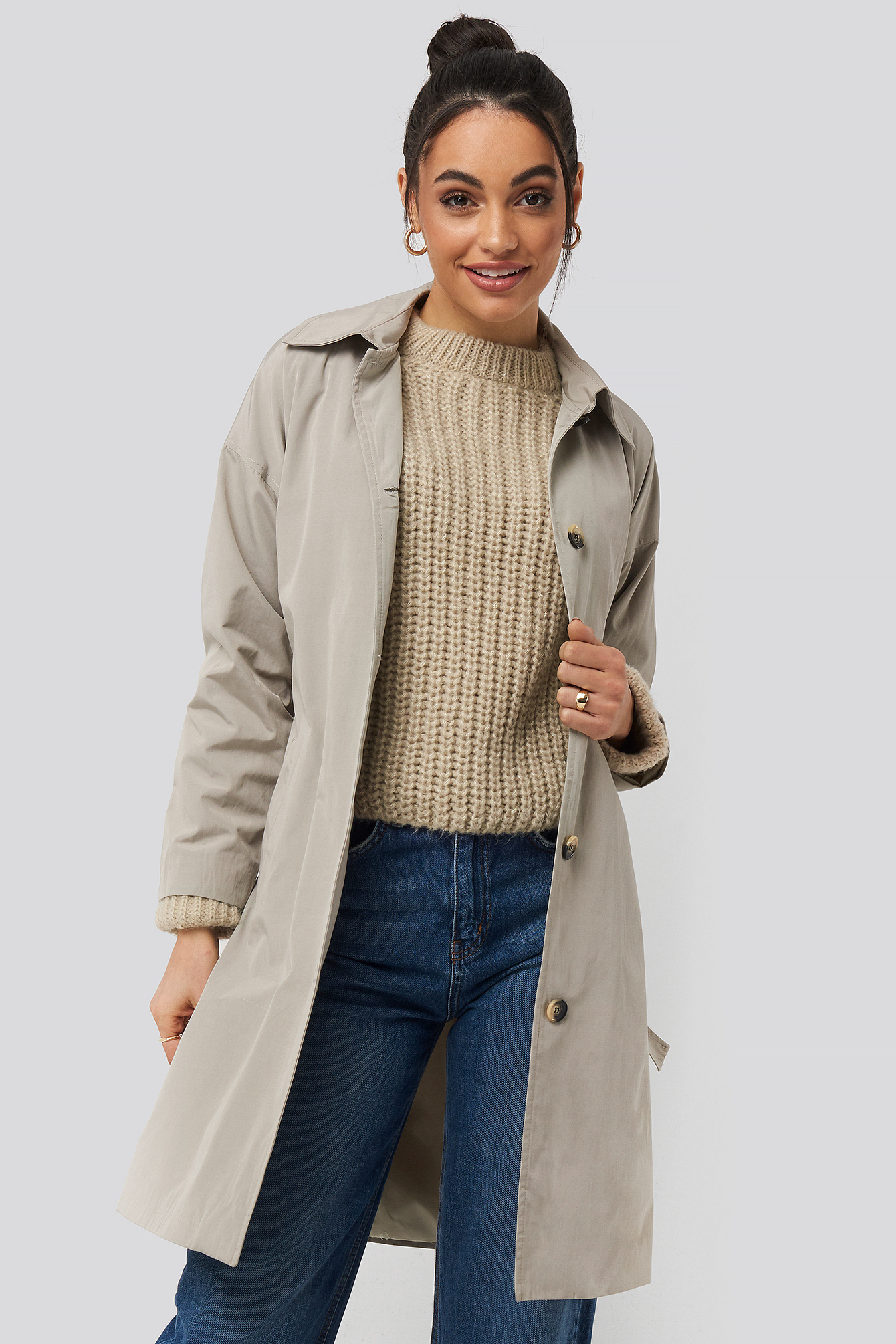 Silver Ring Belted Trench Coat Stone