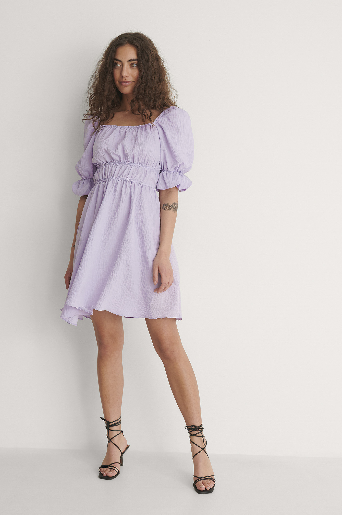 Square Neck Pleated Mini Dress