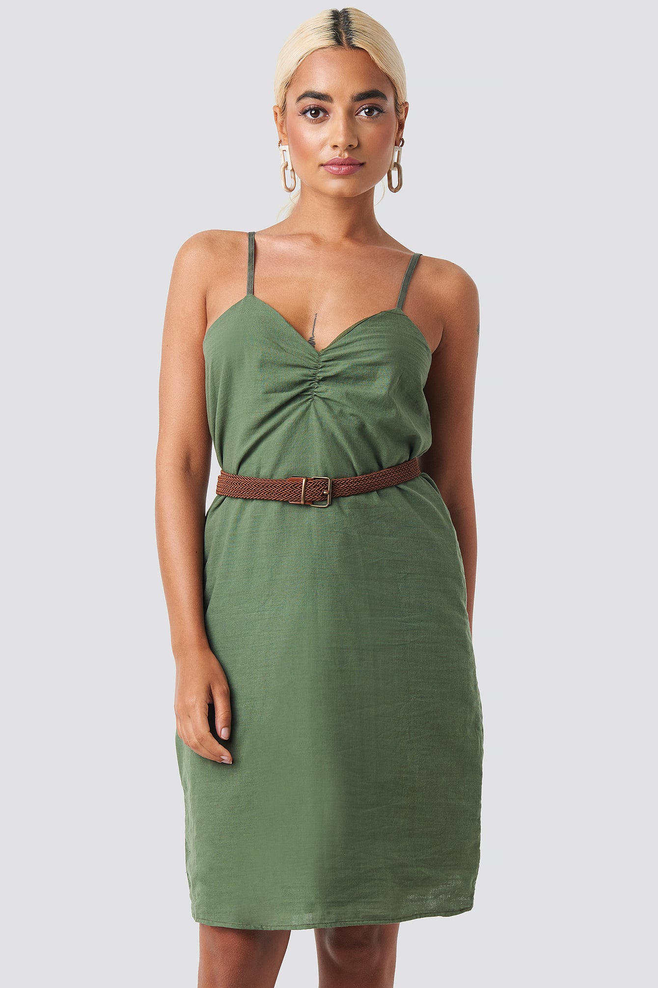 Strap Linen Mini Dress Green | na-kd.com