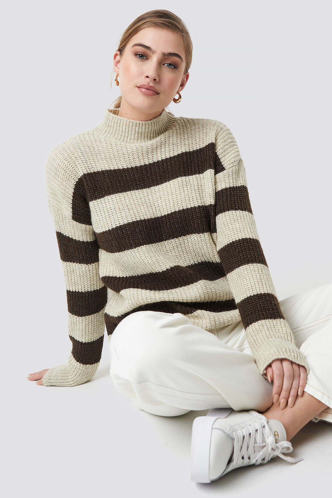 Striped Polo Neck Sweater Brown