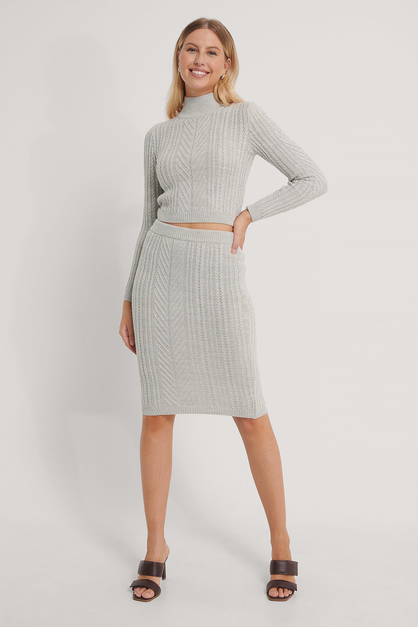 Gray Top Skirt Knit Set