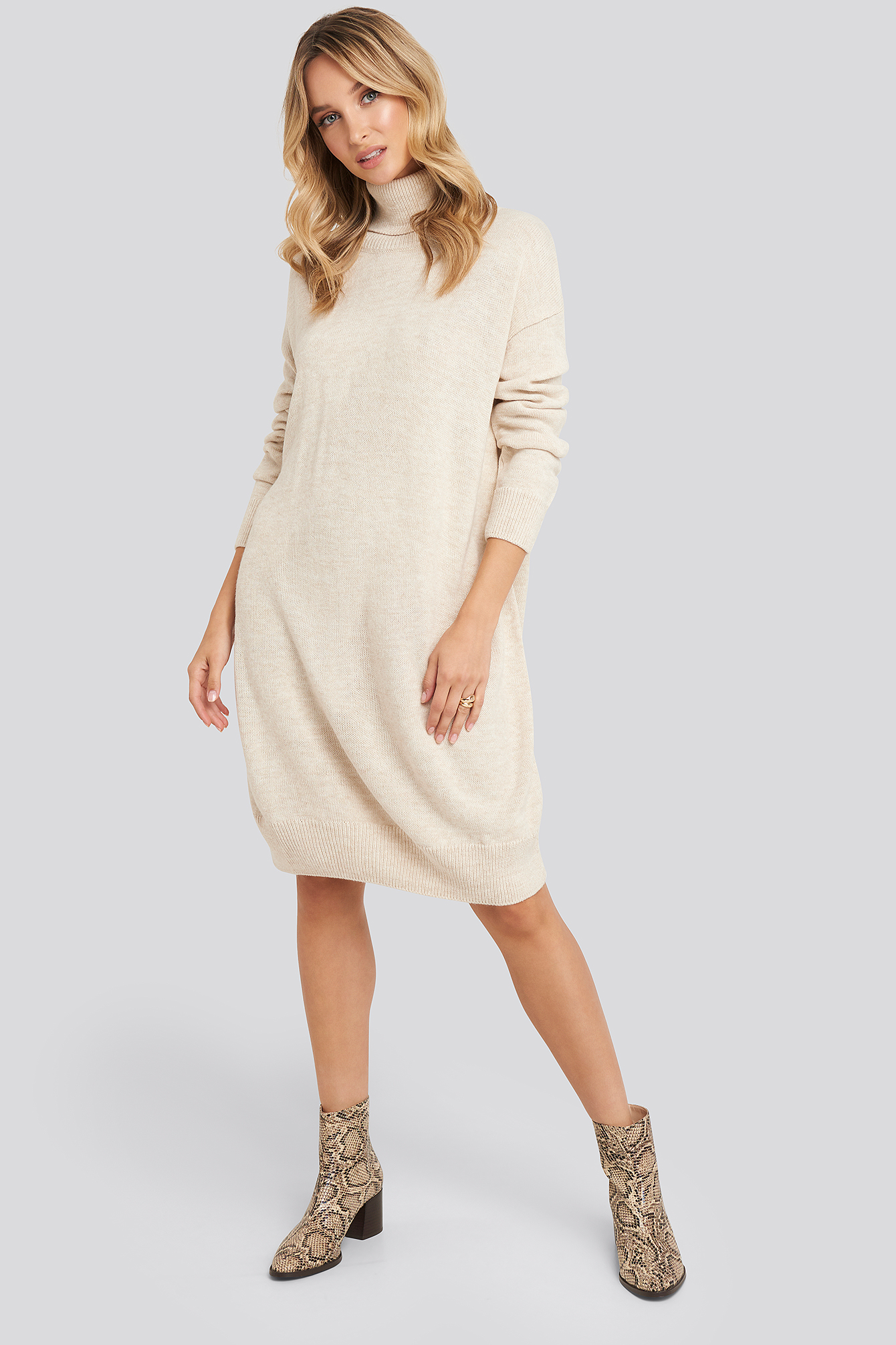 Turtleneck Knitted Dress Beige