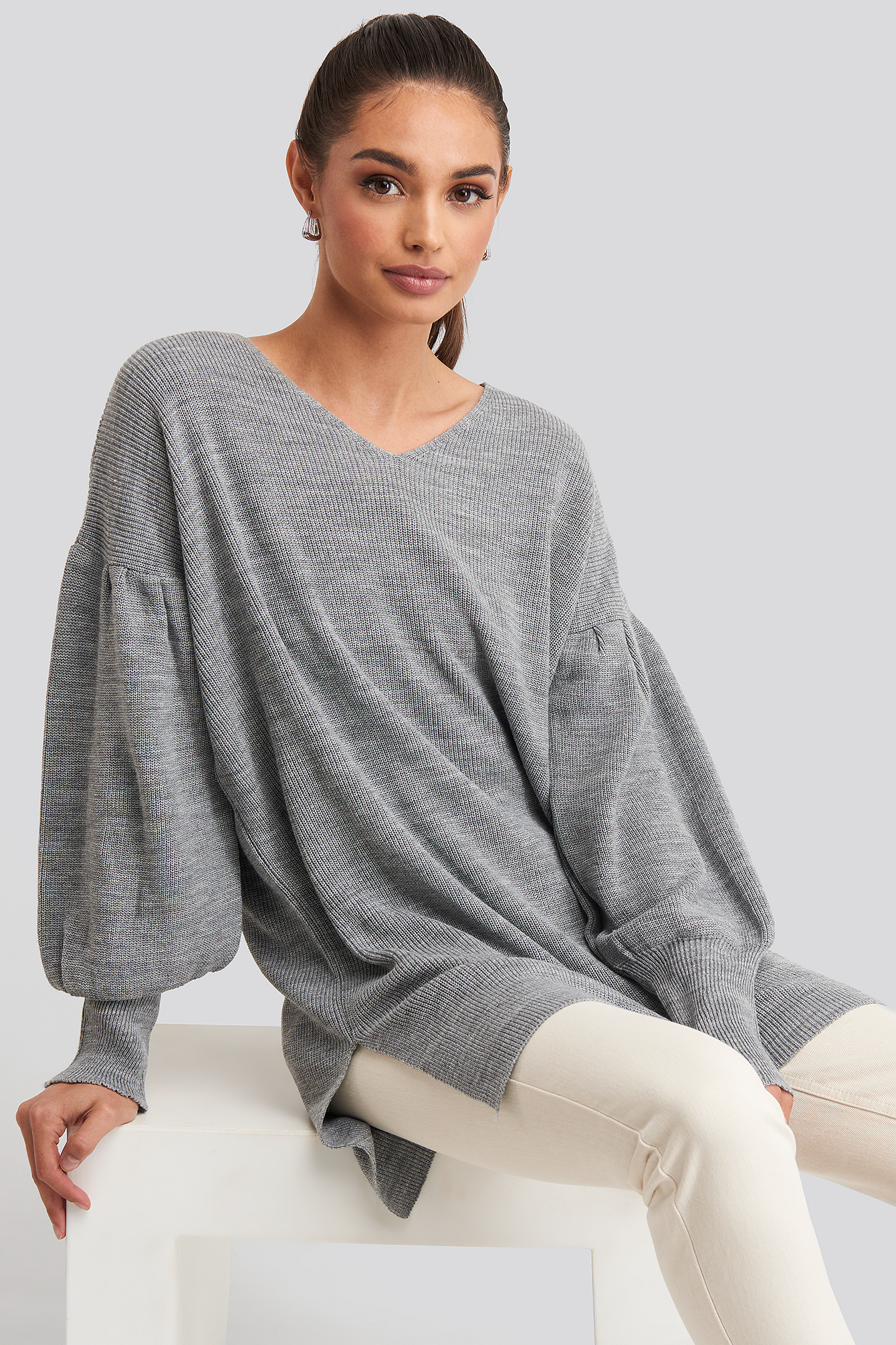 V-Neck Knitted Mini Dress Gray