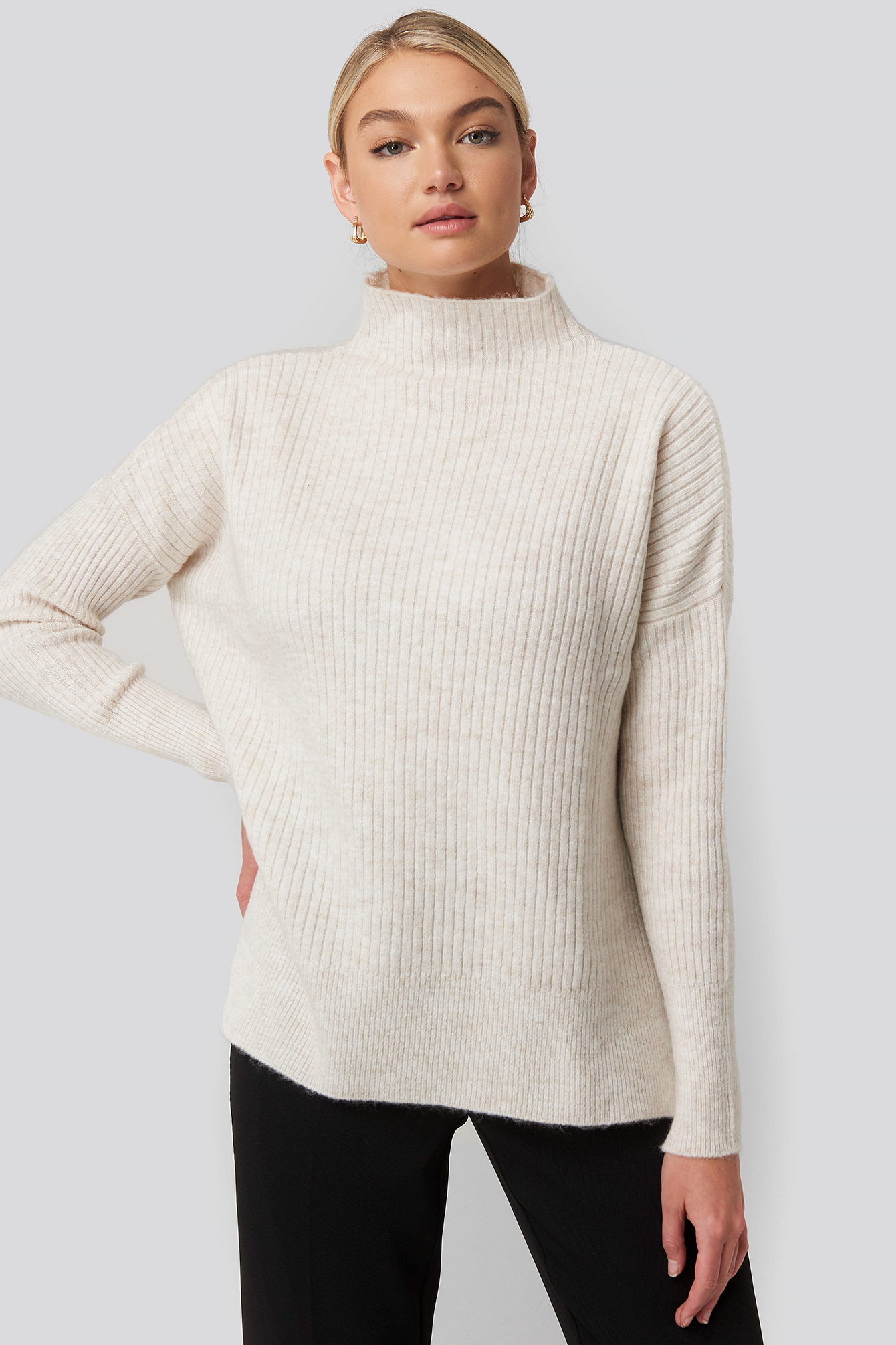 Vertical Neck Side Slit Knitted Sweater Ecru