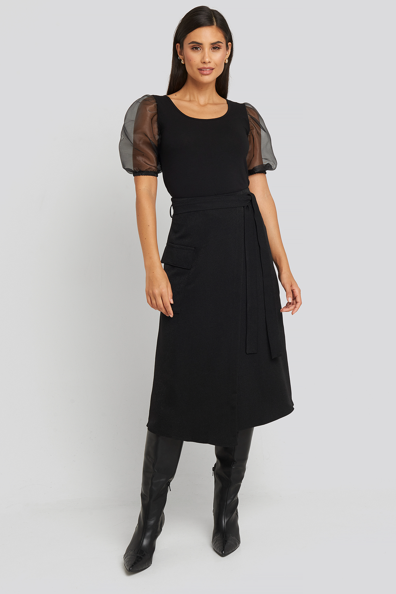 Waist Binding Overlap Midi Skirt Black