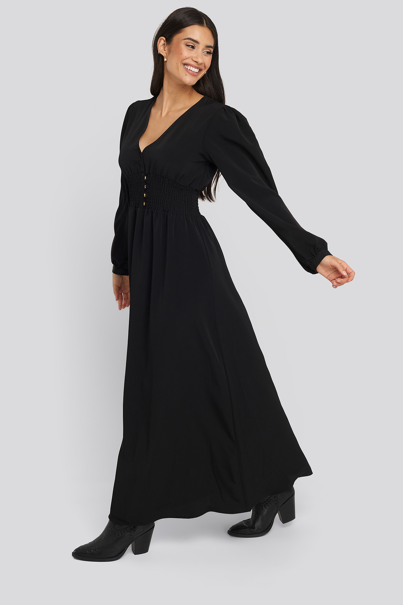 Waist Pleated Long Dress Black