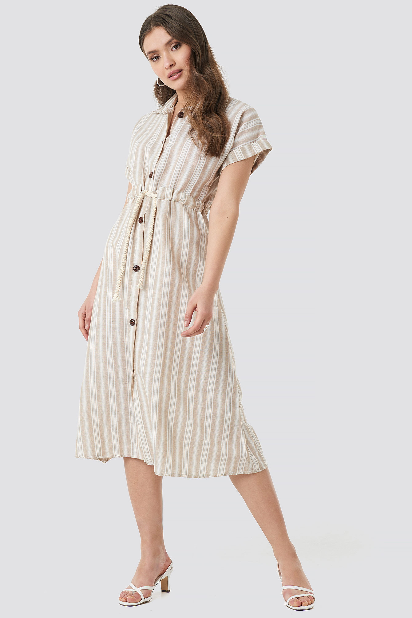 Yol Striped Midi Dress Beige