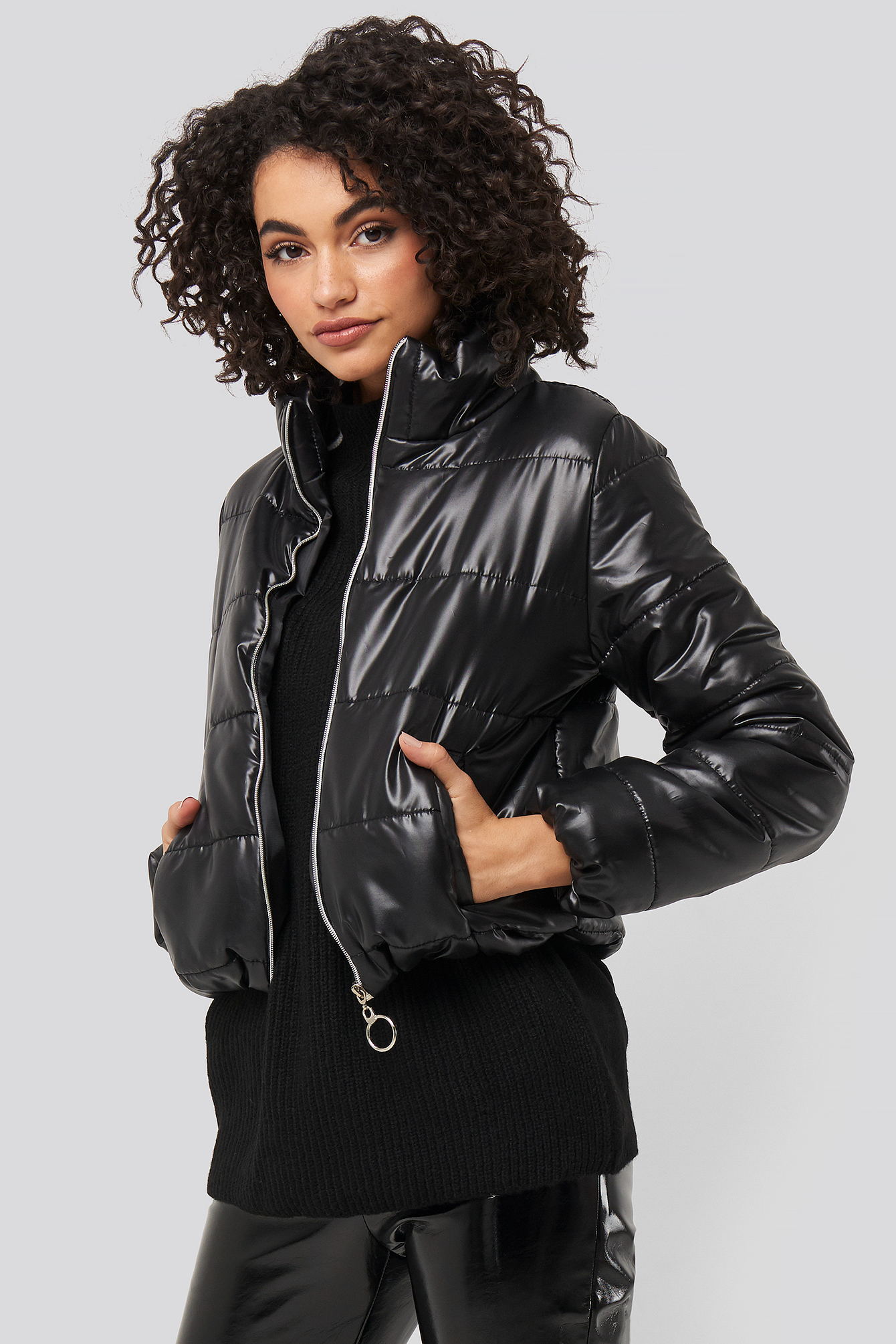 Zipper Upright Collar Crop Jacket Black
