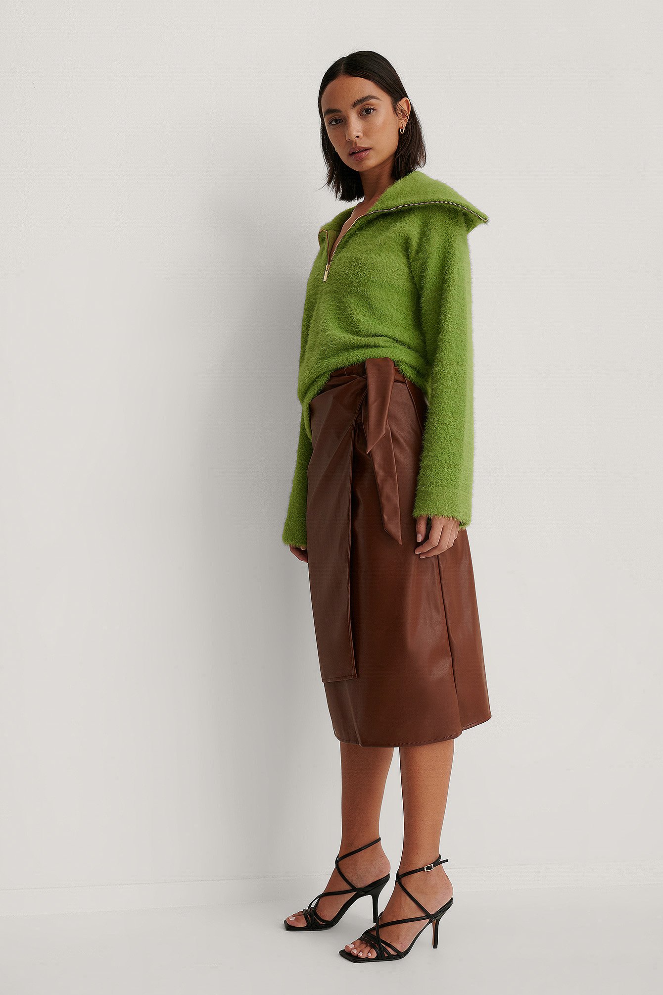 Brown Overlap Pencil PU Skirt