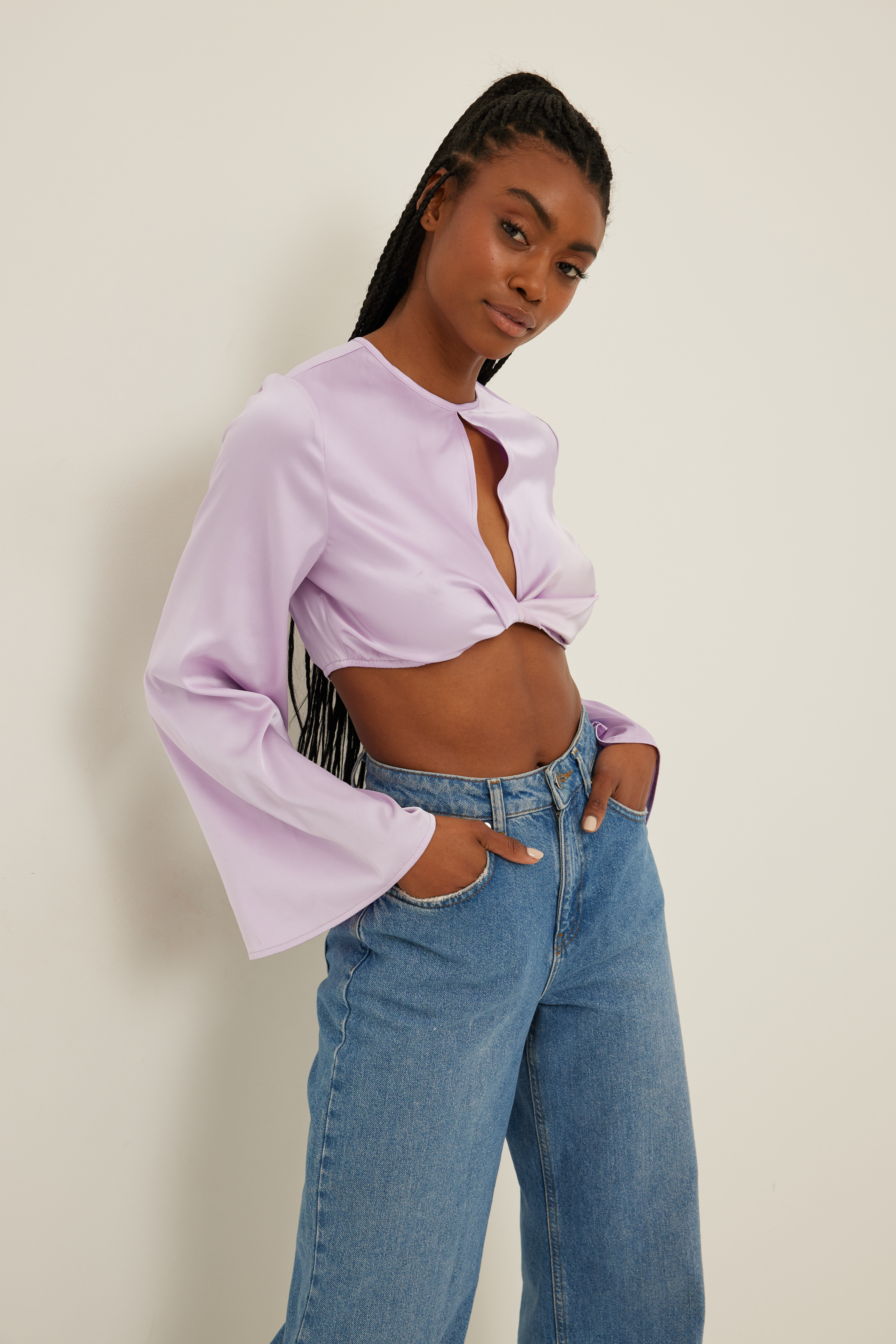 NA-KD Party Trumpet Sleeve Cropped Blouse - Purple
