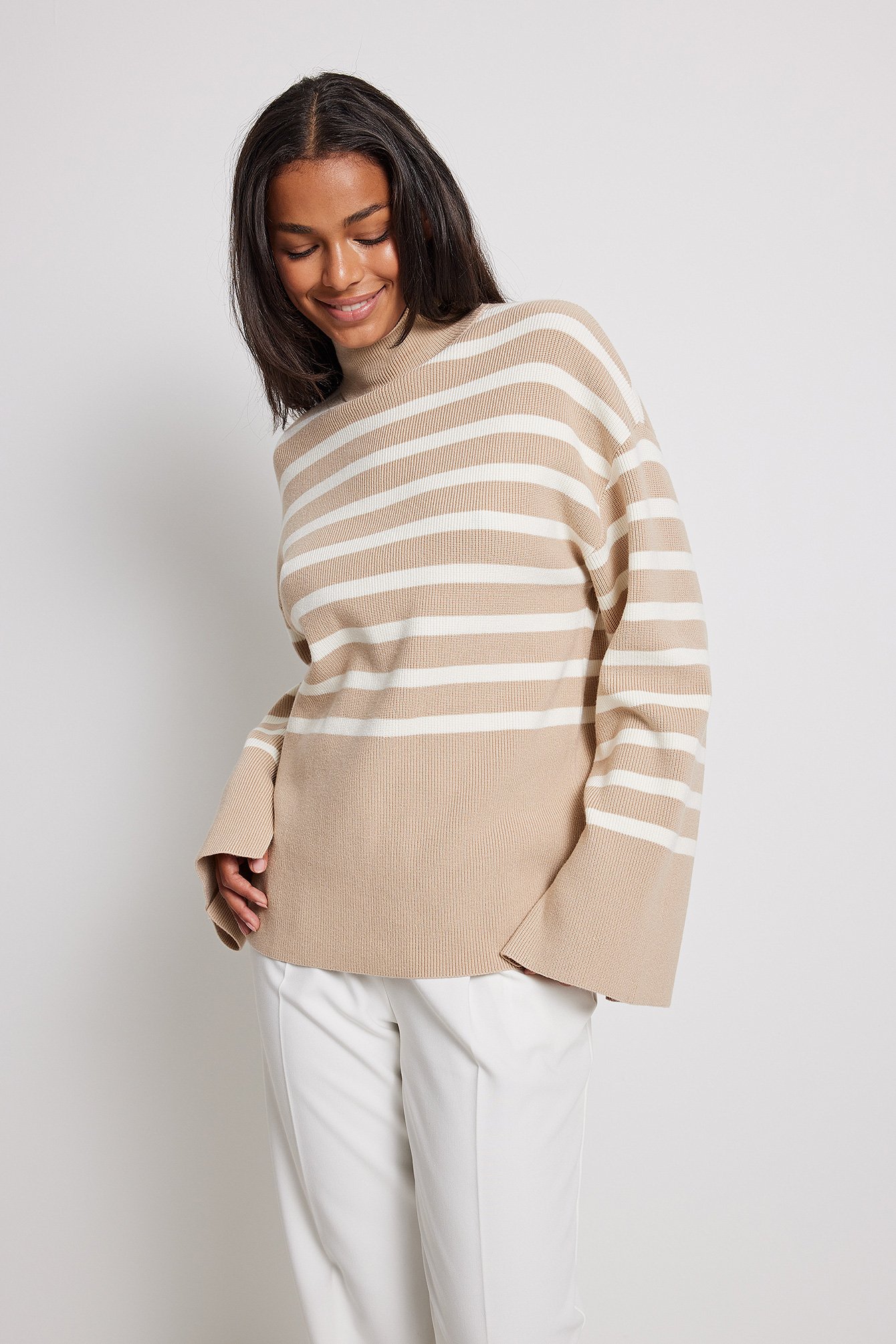 Beige/White Striped Turtle Neck Knitted Sweater